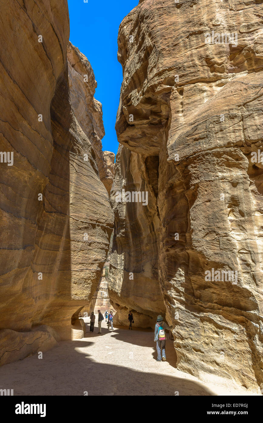 Der Siq, die schmale Schlucht, die als Eingang Passage, die verborgene Stadt von Petra, Jordanien dient. Stockfoto