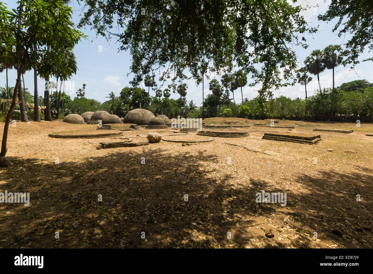 Kathurogoda alten Vihara, Distrikt Jaffna, Sri Lanka: eine Ansammlung von mehreren kleinen Stein Dagobas in einem mysteriösen alten Buddhi Stockfoto