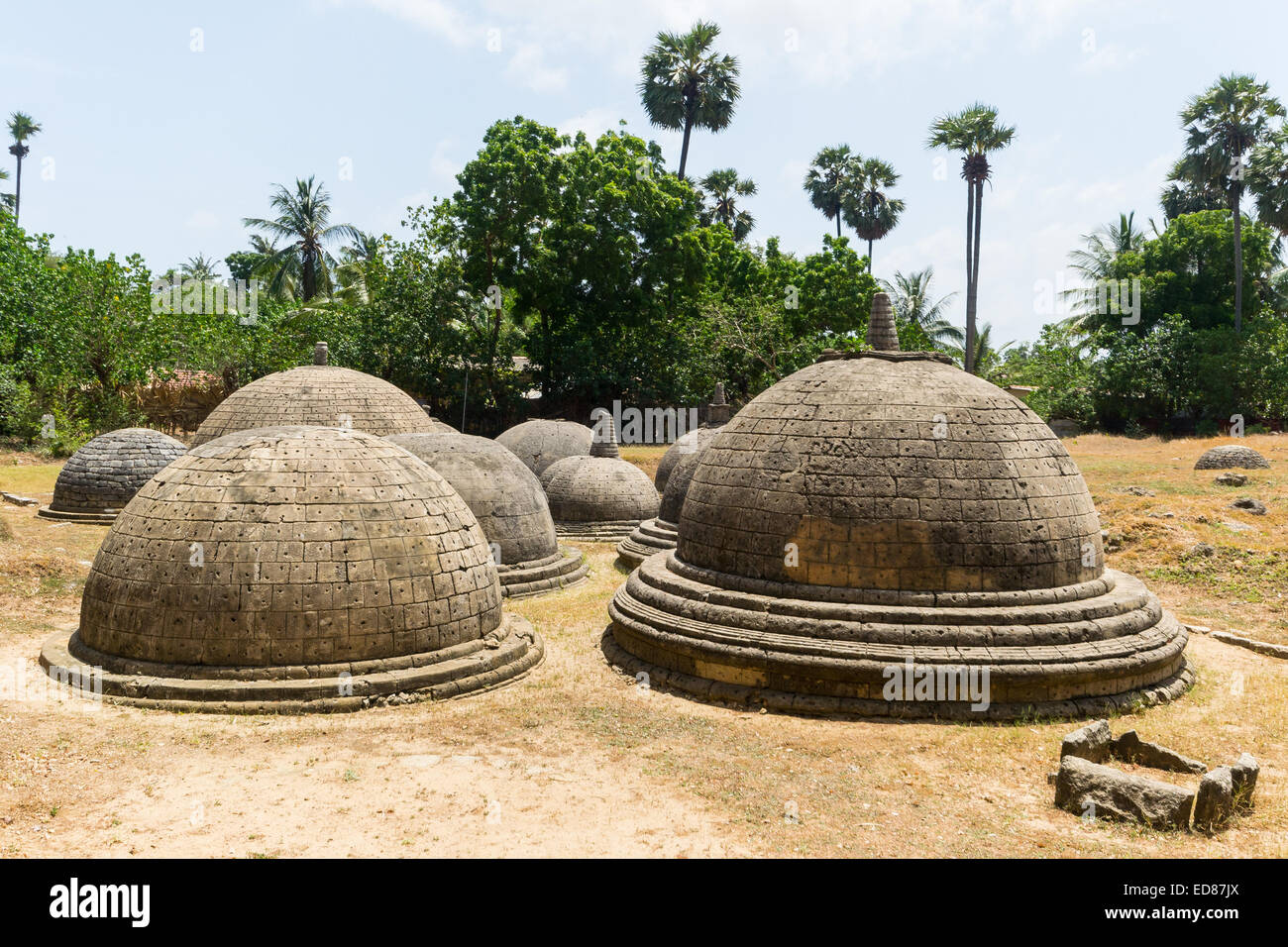 Kathurogoda alten Vihara, Distrikt Jaffna, Sri Lanka: eine Ansammlung von mehreren kleinen Stein Dagobas in einem mysteriösen alten Buddhi Stockfoto