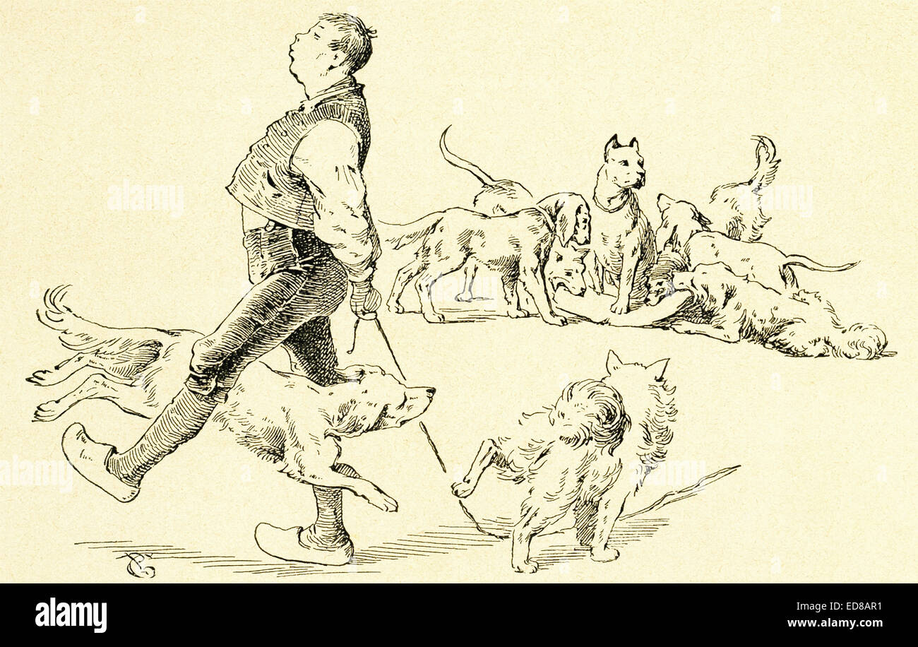 Im Jahre 1812 veröffentlicht Gebrüder Grimm, Jacob und Wilhelm, Kinder- und Hausmärchen, eine Sammlung Deutsche Märchen. Diese Illustration begleitet die Erzählung "Kluger Hans" und zeigt Hans, nachdem er das Geschenk eines Schinkens von seiner Verlobten Gretel akzeptiert hat und führt sie durch ein Seil (das ist, was seine Mutter ihm gesagt hatte er hätte mit der vorherigen Gabe von Gretel), nur um Hunde zu nehmen und zu essen.  Dieses Bild ist aus Grimms Eventyr (Grimms Märchen) von Carl Ewald, im Jahr 1922 veröffentlicht. Das Titelbild hat die Illustrationen von Philip Grot Johann und R. Leinweber. Johann war ein bekannter Stockfoto