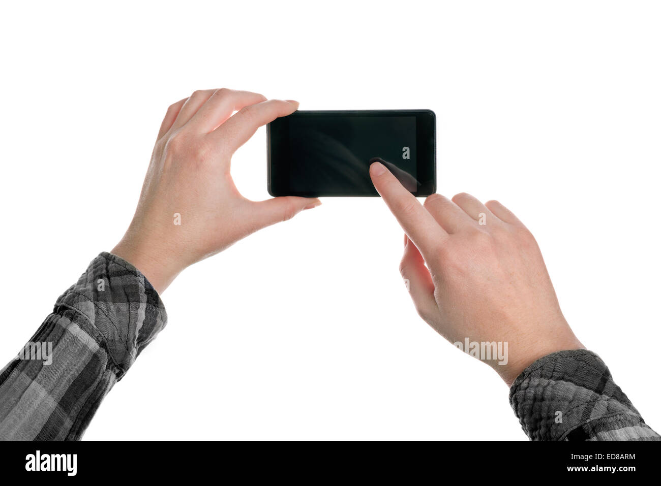 Frau Snapshot fotografieren mit mobilen Smartphone-App, Hand-Haltevorrichtung isoliert auf weißem Hintergrund mit leeren Stockfoto