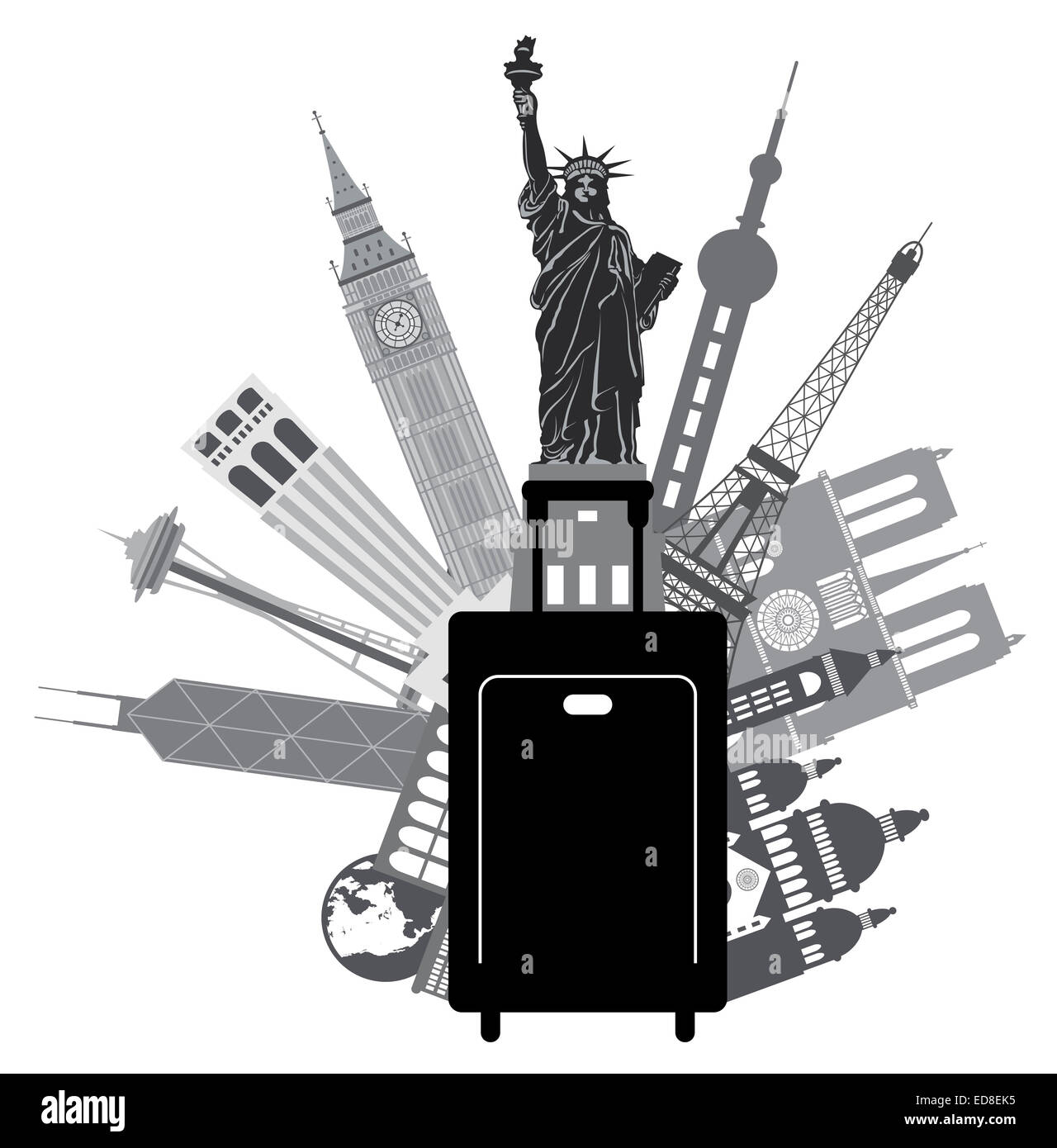 Gepäck für Weltreisen mit berühmten Orte wie Big Ben-Statue von Liberty Eiffelturm Hong Kong Shanghai New York London Paris Stockfoto