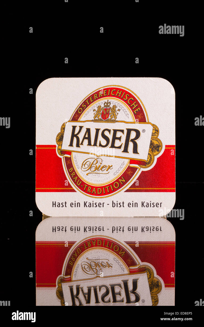 Österreich, LINZ-Juli 7,2014: SimGangster von Kaiser Beer, ist es das beliebteste Bier gebraut in Linz. Die Biermarke hat eine lange histor Stockfoto