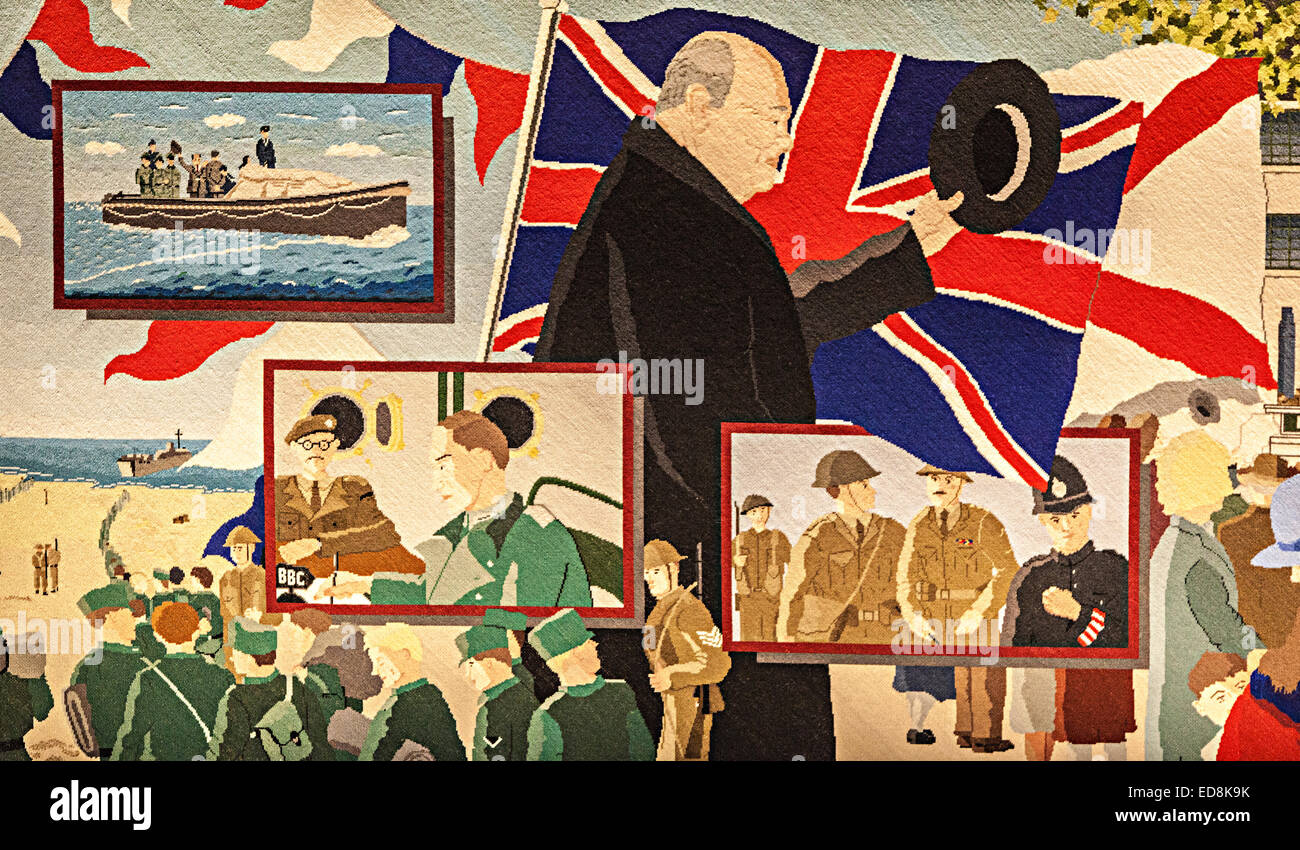Teil der Besetzung Tapestry, Churchill am St Clement für die Befreiung, St. Helier, Jersey, Kanalinseln, Großbritannien Stockfoto