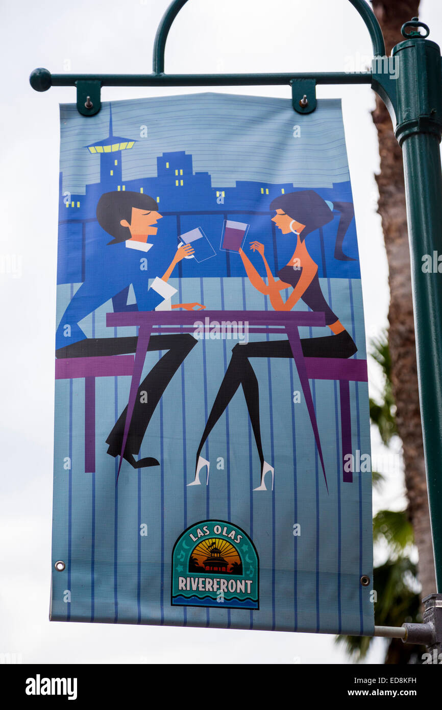 Ft. Lauderdale, Florida.  Las Olas Riverfront Banner, New River. Stockfoto