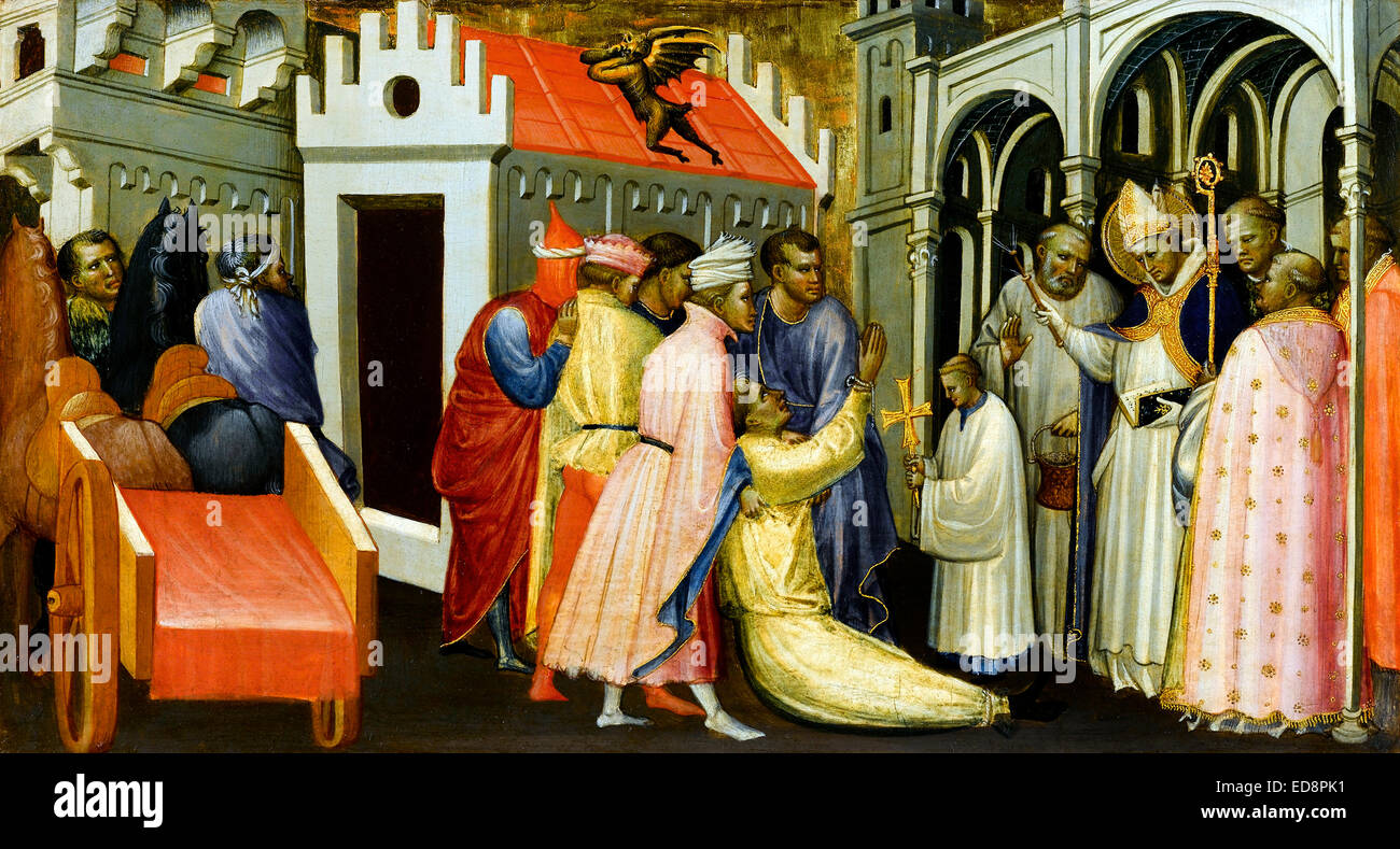 Gherardo Sternina, Saint Hugh von Lincoln exorzierte ein Mann besessen von dem Teufel 1404-1407 Öl auf Holz. Museo Poldi Pezzoli Stockfoto
