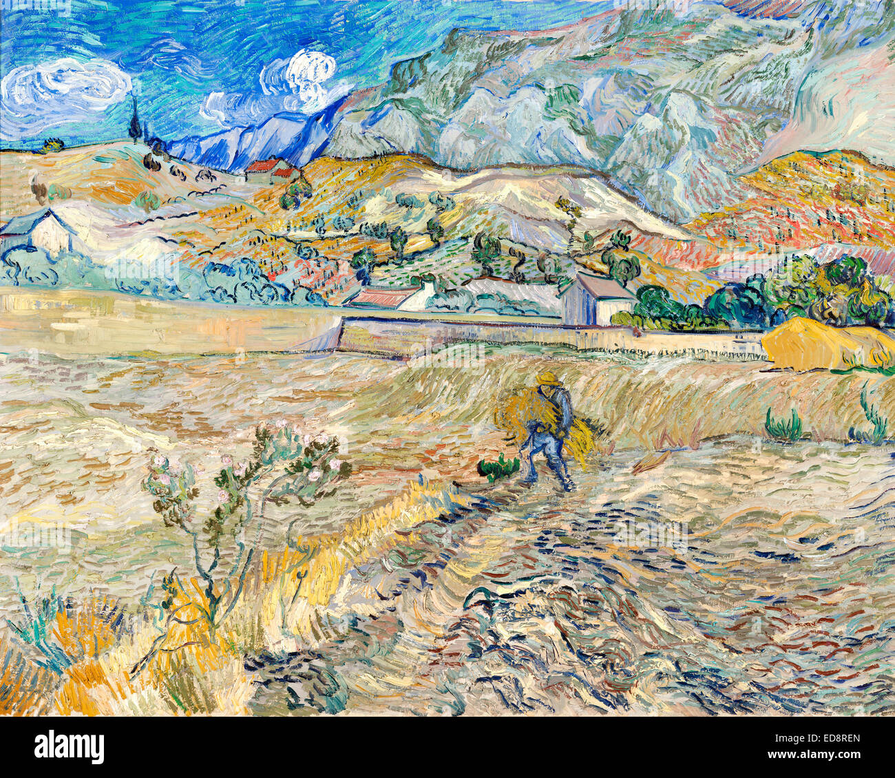 Vincent Van Gogh, eingeschlossen Weizenfeld mit Bauer (Landschaft bei Saint-Remy) 1889 Öl auf Leinwand. Indianapolis Museum of Art, USA Stockfoto
