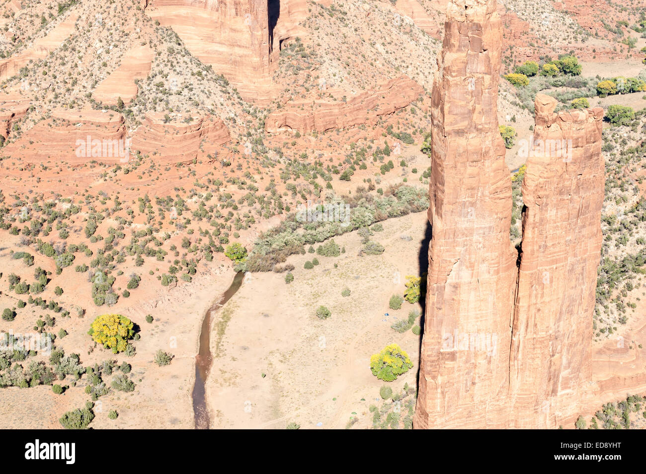 Spider Rock, einem Sandstein-Turm, die 750 Fuß (229 m) aus dem Boden des Canyons an der Kreuzung der Canyon de Chelly und Monumen steigt Stockfoto