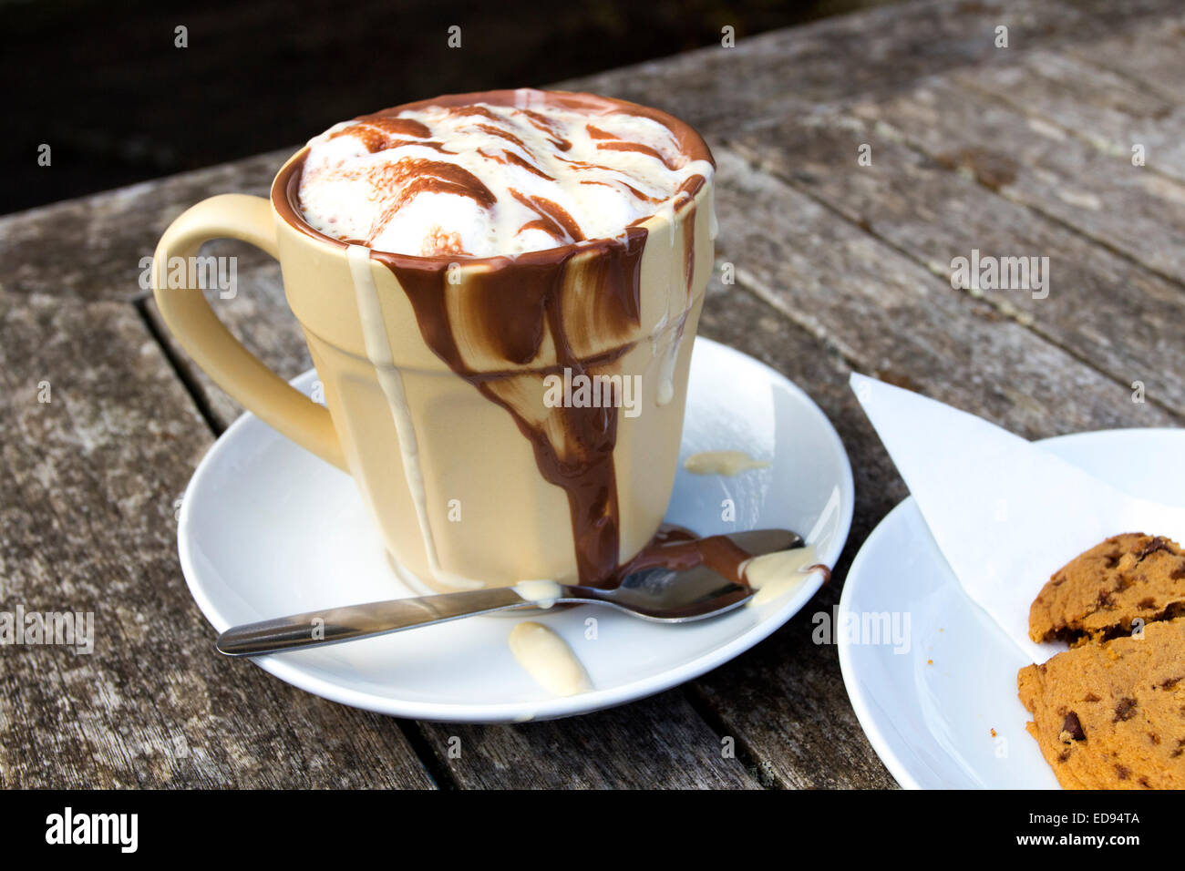 Dekadente kalorienreiche Tasse heiße Schokolade trinken mit Cookie Stockfoto