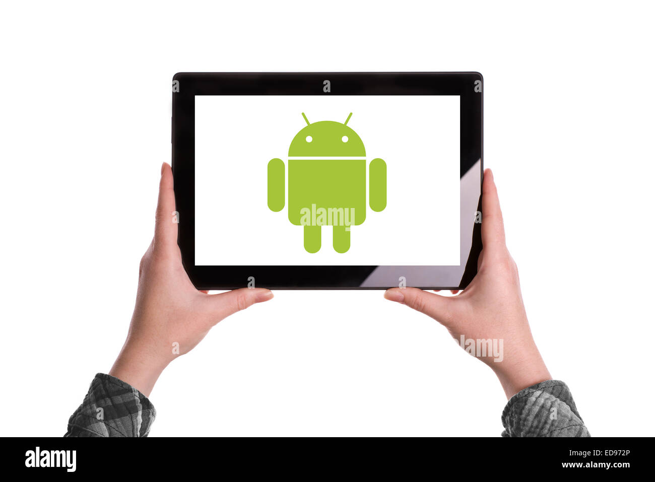 Novi Sad, Serbien - 2. Januar 2015: Hände halten digitale Tablet-PC mit Android-Logo auf dem Bildschirm angezeigt. Stockfoto