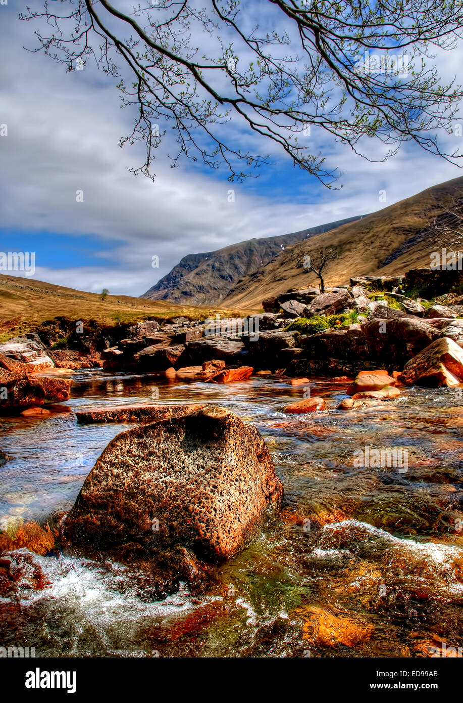 Der Fluß Etive fließt durch Glen Etive vor Ableitung in das Loch mit dem gleichen Namen in den Highlands von Schottland Stockfoto