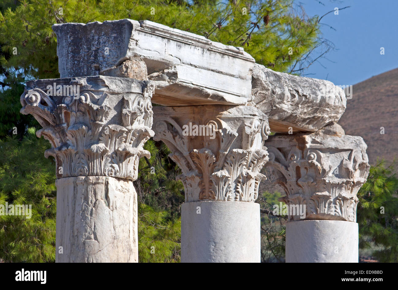 Säulen mit korinthischen Kapitellen in den Ruinen des antiken Korinth, Peloponnes, Griechenland. Stockfoto