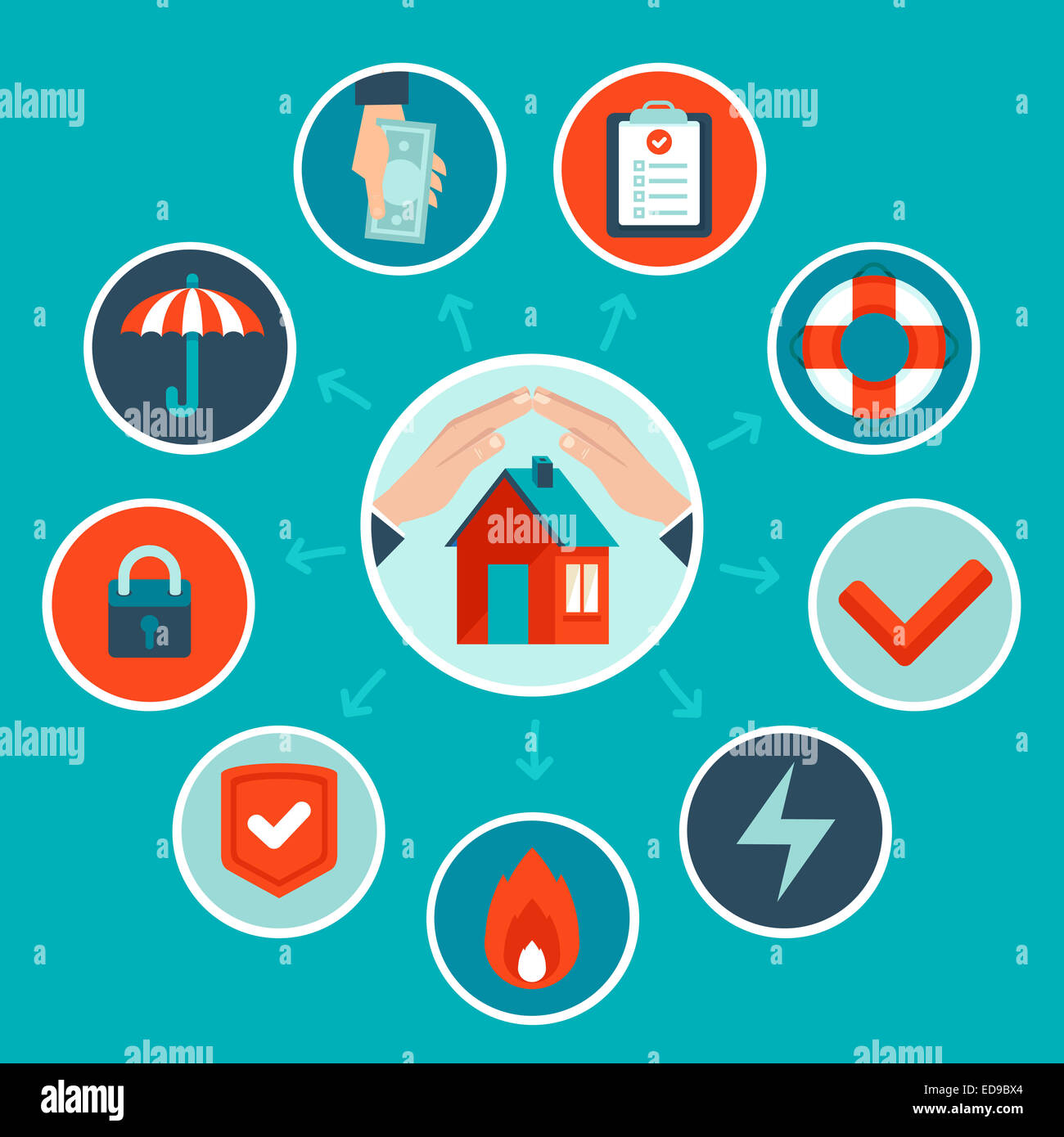 Haus Versicherungskonzept mit flachen Stil - Infografik-Design-Elemente und Symbole Stockfoto