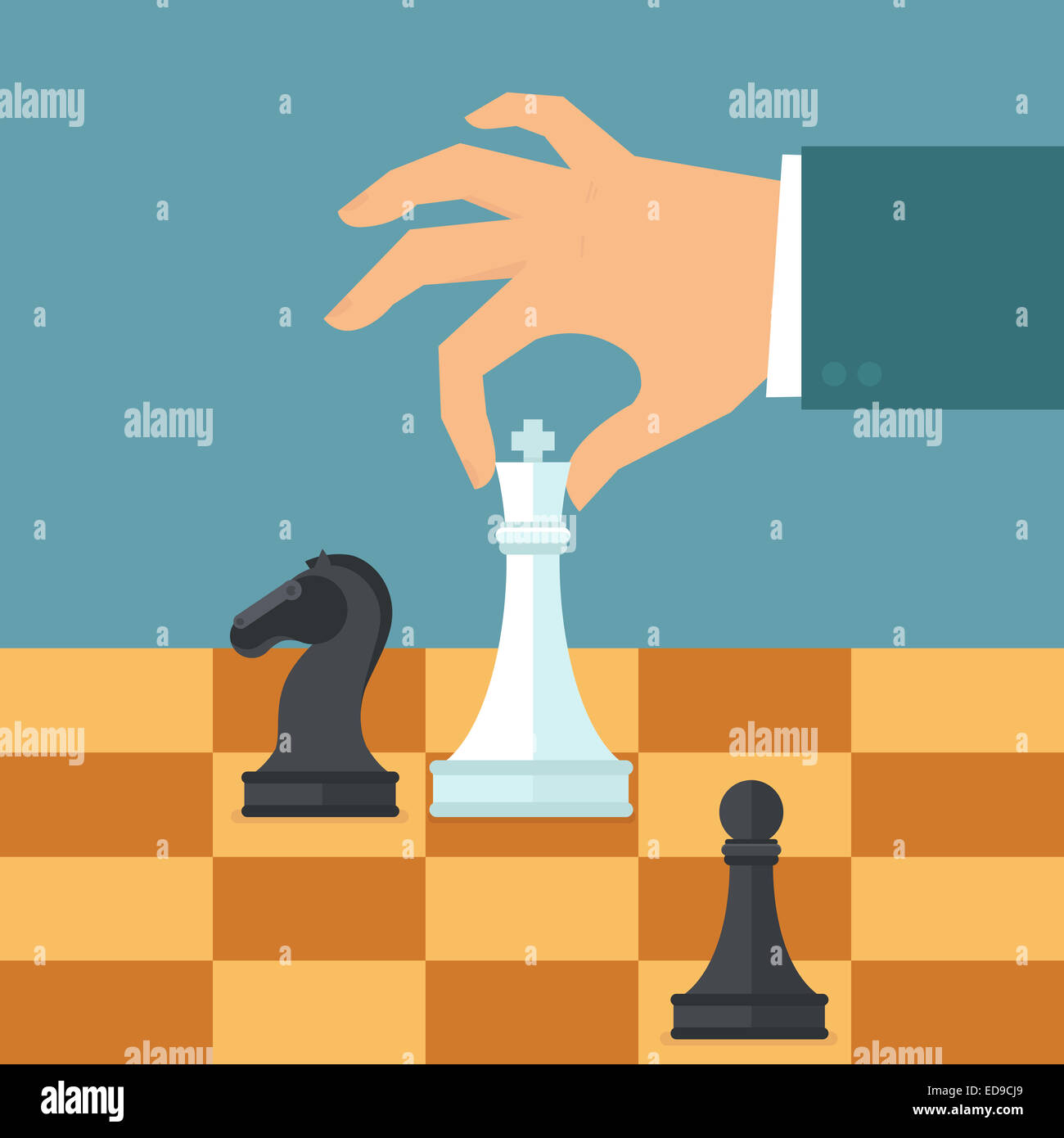 Business-Strategie-Konzept in flachen Stil - männliche Hand, die Schachfigur - Planung und management Stockfoto