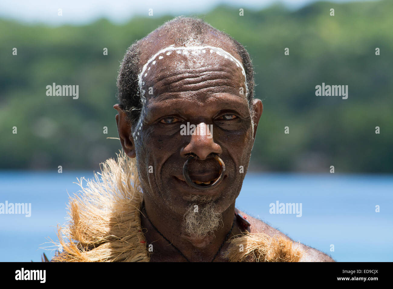 Melanesien, Salomon-Inseln, Santa Cruz Inselgruppe, Malo Insel. Porträt von männlichen Dorfälteste in native Kleidung mit Nasenring Stockfoto