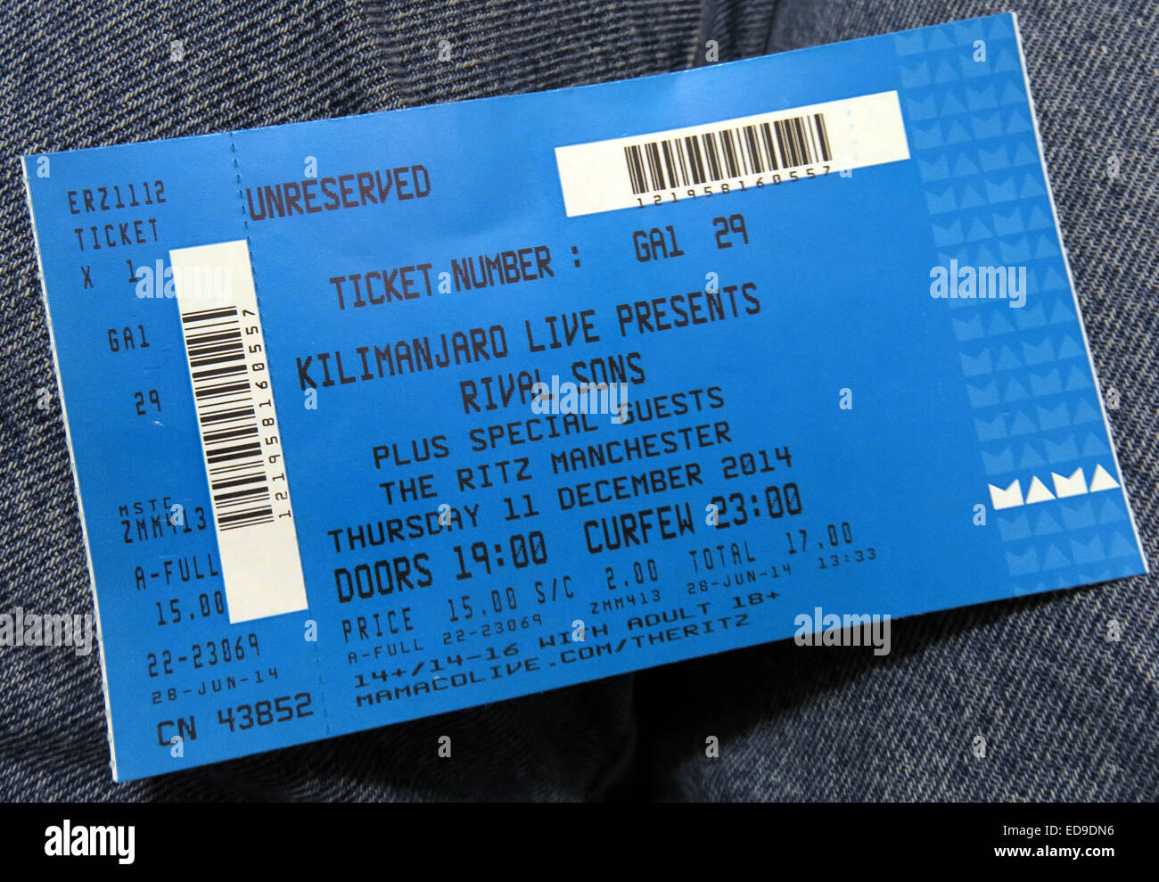 Rival Sons blau Konzert Ticket Manchester Ritz 2014, England, UK Stockfoto