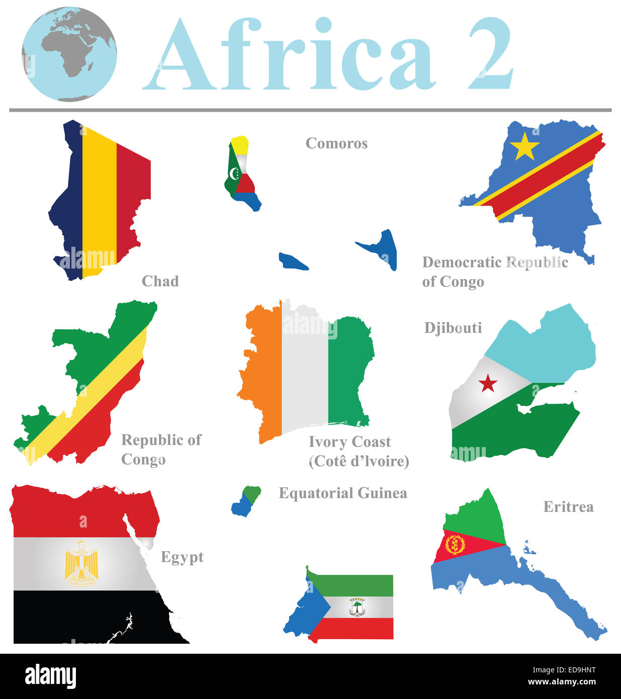 Flaggen Afrika-Sammlung 2 überlagert, Umriß isoliert auf weißem Hintergrund Stockfoto