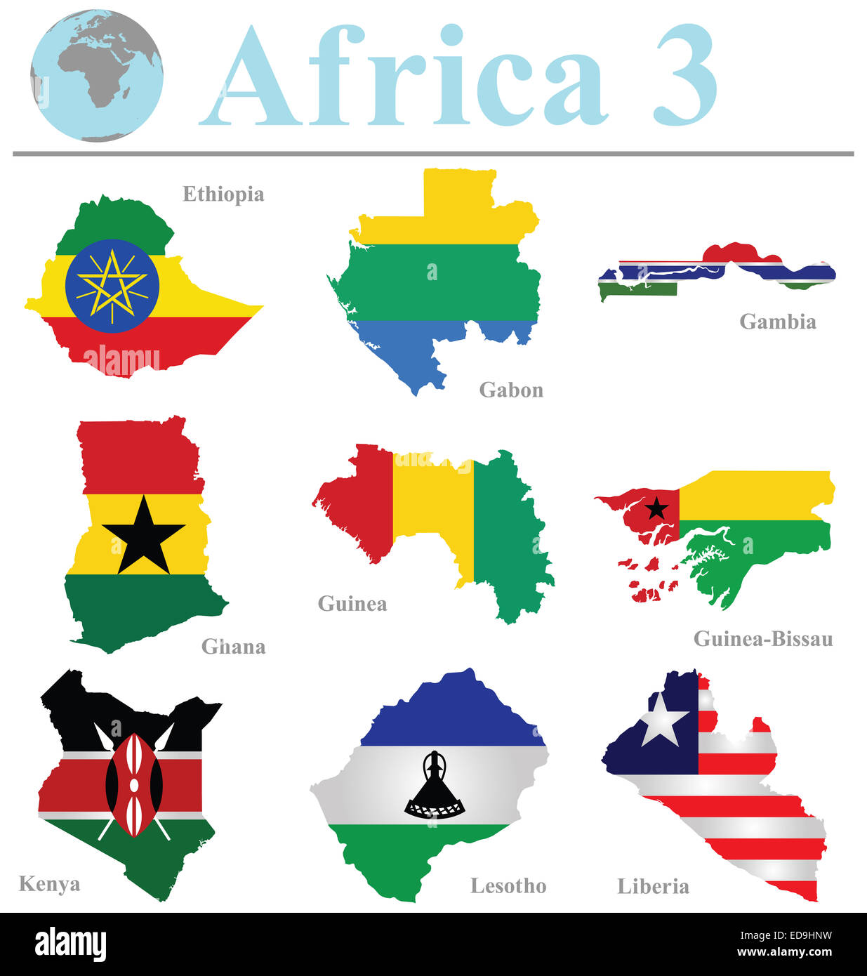 Flaggen der Afrika-Sammlung 3 überlagert, Umriß isoliert auf weißem Hintergrund Stockfoto