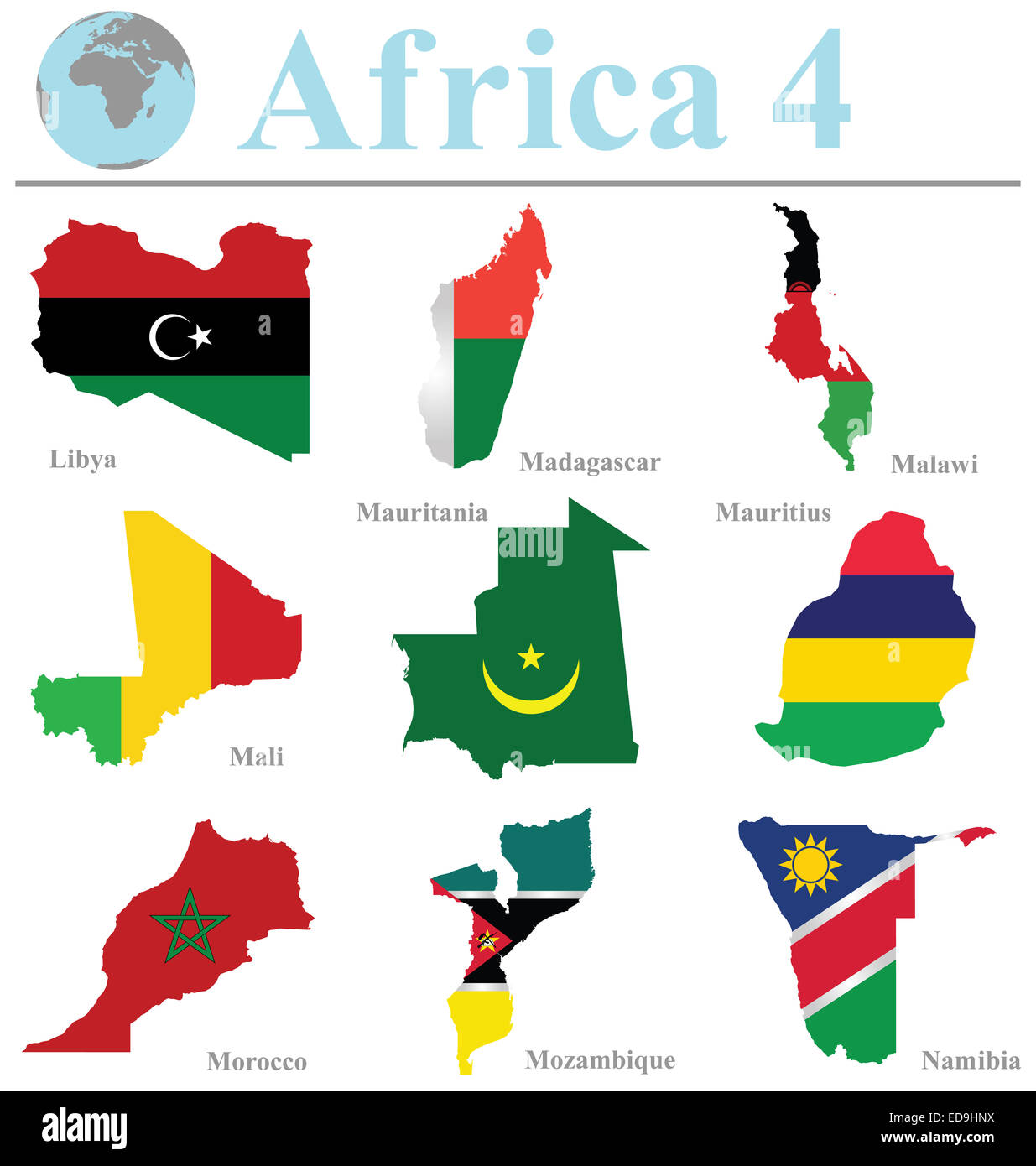 Flaggen Afrika-Sammlung 4 überlagert, Umriß isoliert auf weißem Hintergrund Stockfoto