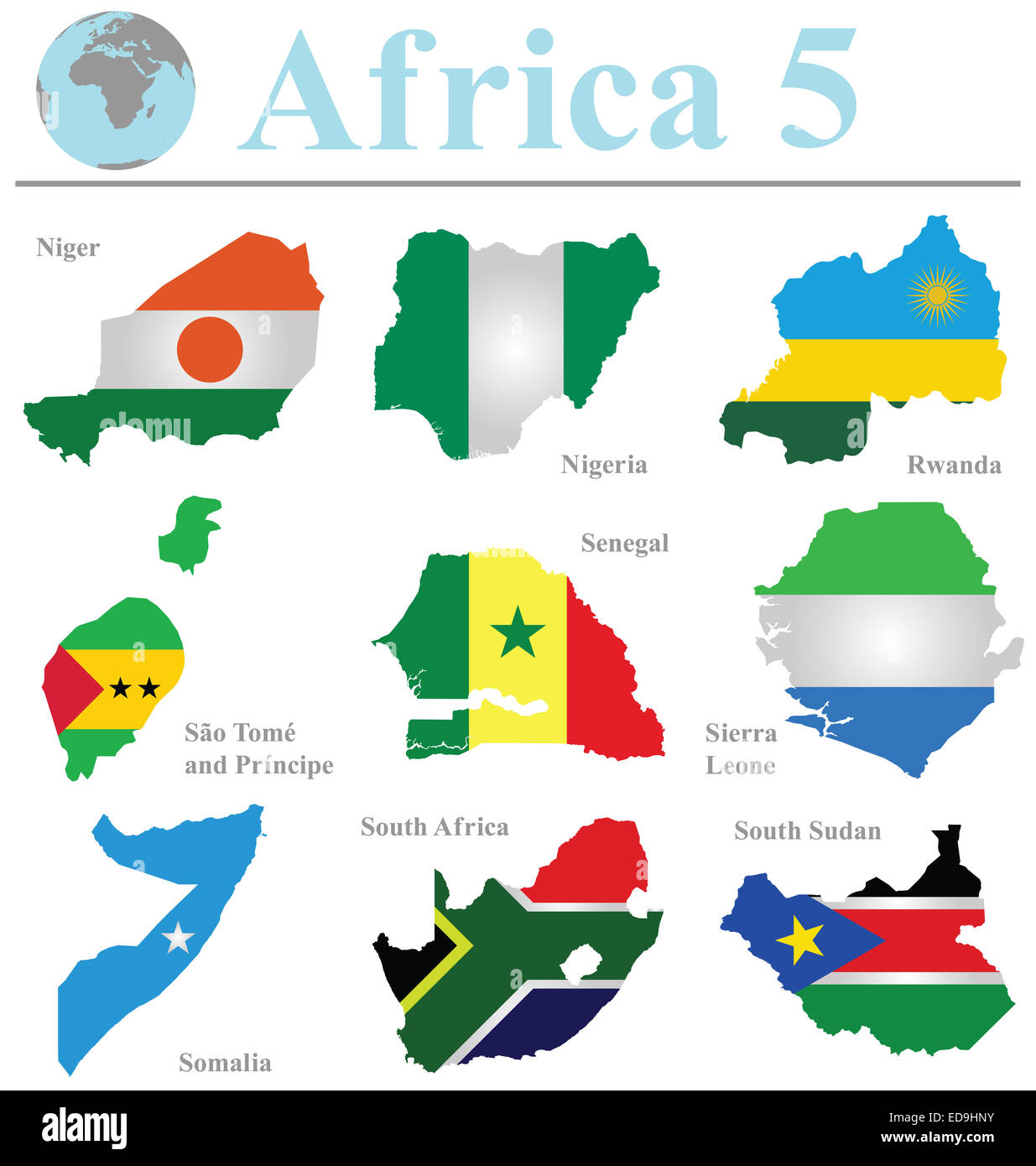 Flaggen Afrika-Sammlung 5 überlagert, Umriß isoliert auf weißem Hintergrund Stockfoto