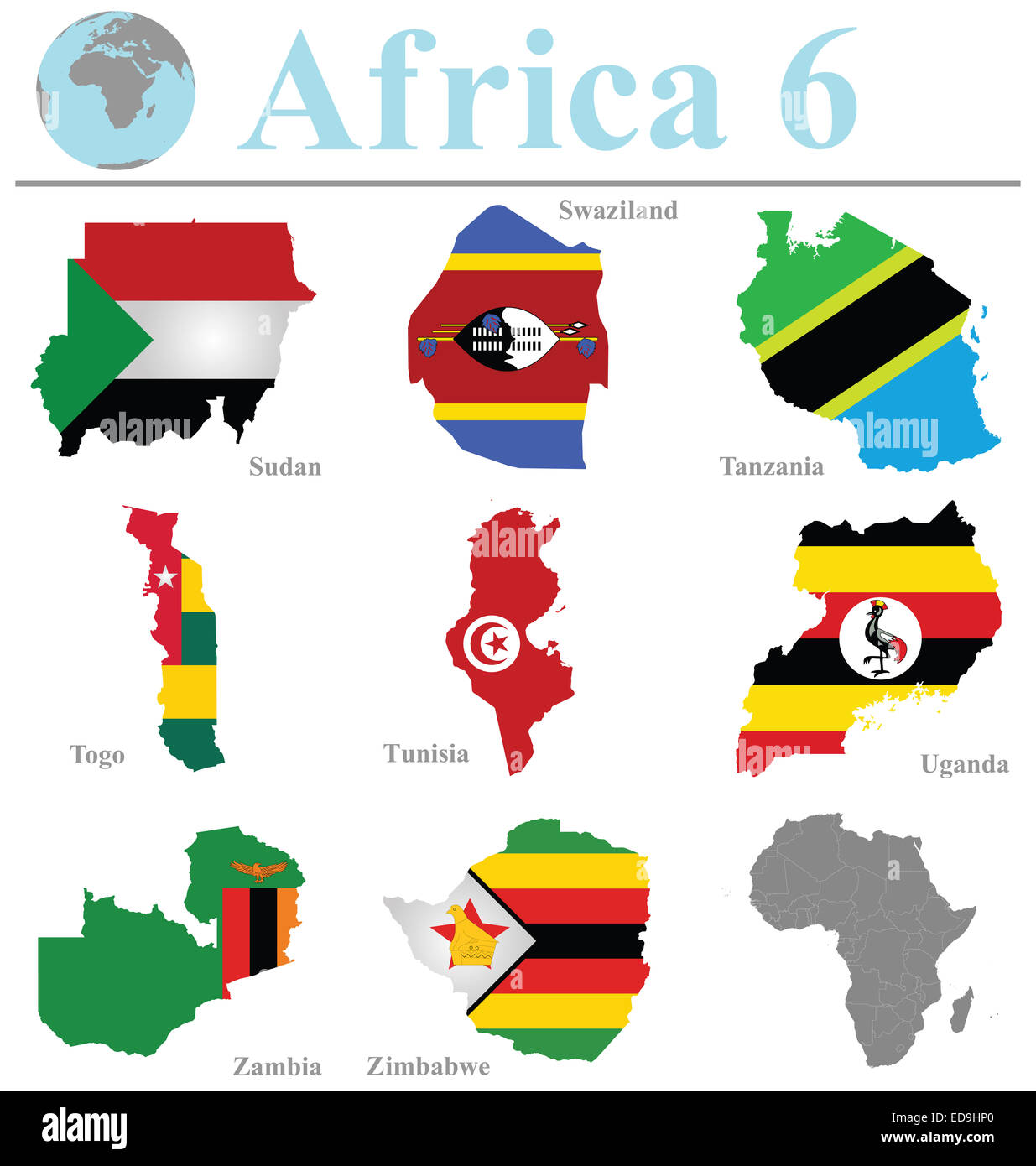 Flaggen Afrika-Sammlung 6 überlagert, Umriß isoliert auf weißem Hintergrund Stockfoto