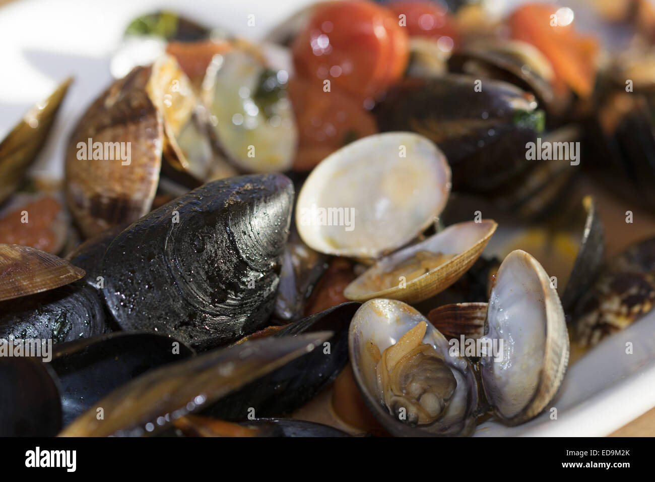 typische und traditionelle mediterrane Gericht aus Fisch: Miesmuscheln ...