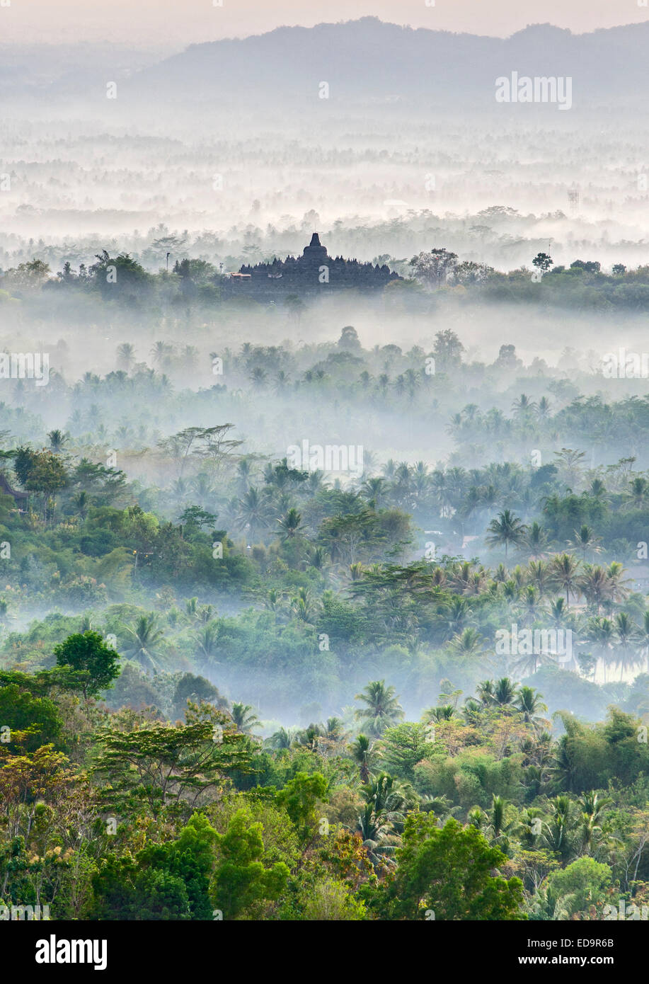 Dawn Blick auf Borobodur, ein 9. Jahrhundert buddhistischer Tempel in Magelang, nahe Yogyakarta in Zentraljava, Indonesien. Stockfoto