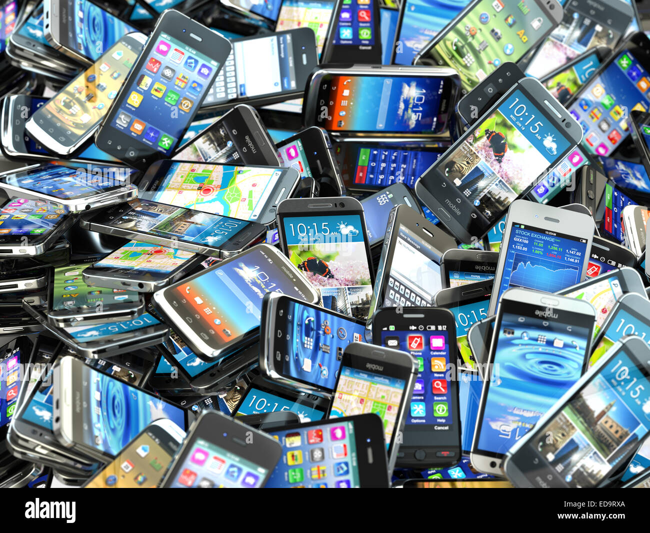 Handy Hintergrund. Haufen von verschiedenen modernen Smartphones. 3D Stockfoto