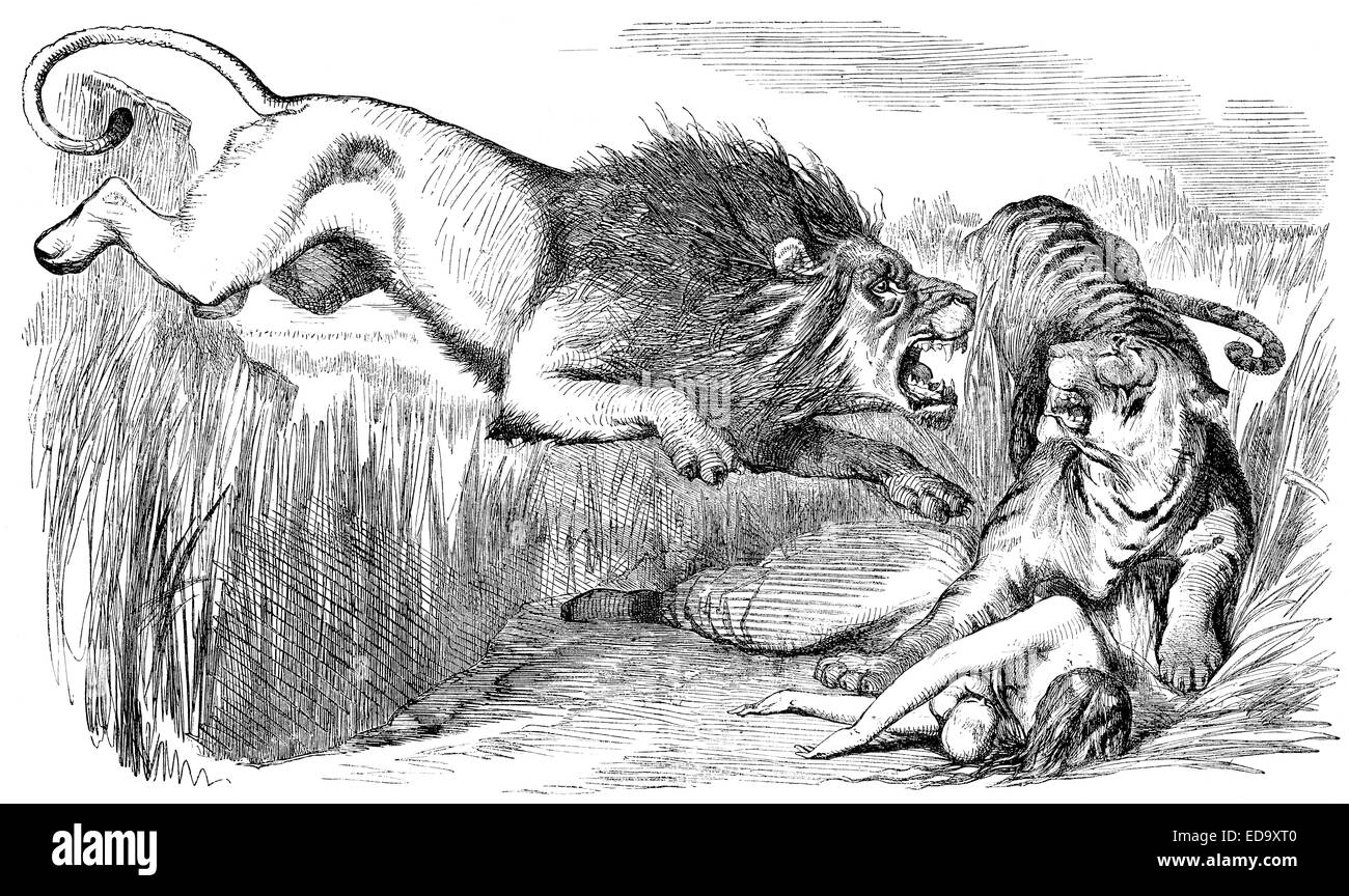 1857 Punch cartoon "Der britische Löwe Rache an dem bengalischen Tiger" kommentieren die Belagerung von Lucknow von Sir John Tenniel Stockfoto