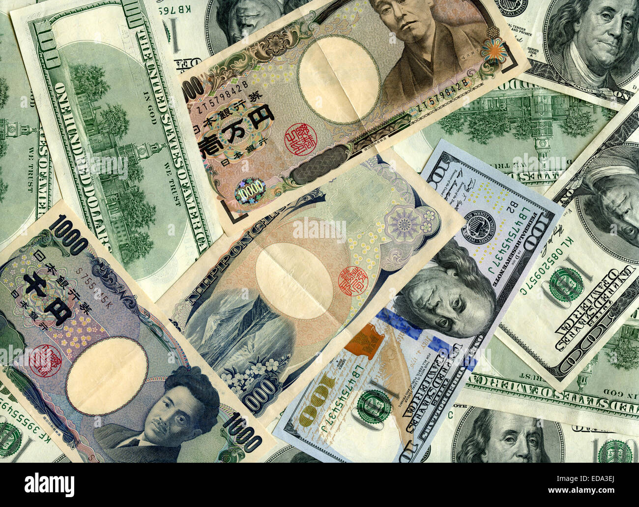 US-Dollar und japanischen Banknoten (Yen) Hintergrund Stockfoto