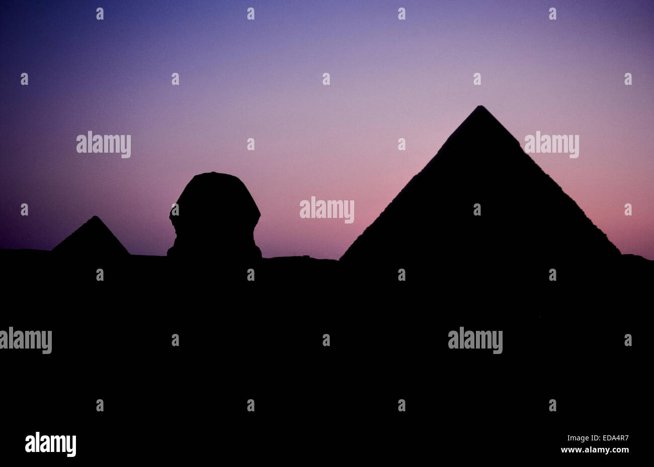 Die große Sphinx und zwei der drei Pyramiden von Gizeh am Stadtrand von Kairo, Ägypten, sind bei Sonnenuntergang Silhouette. Stockfoto