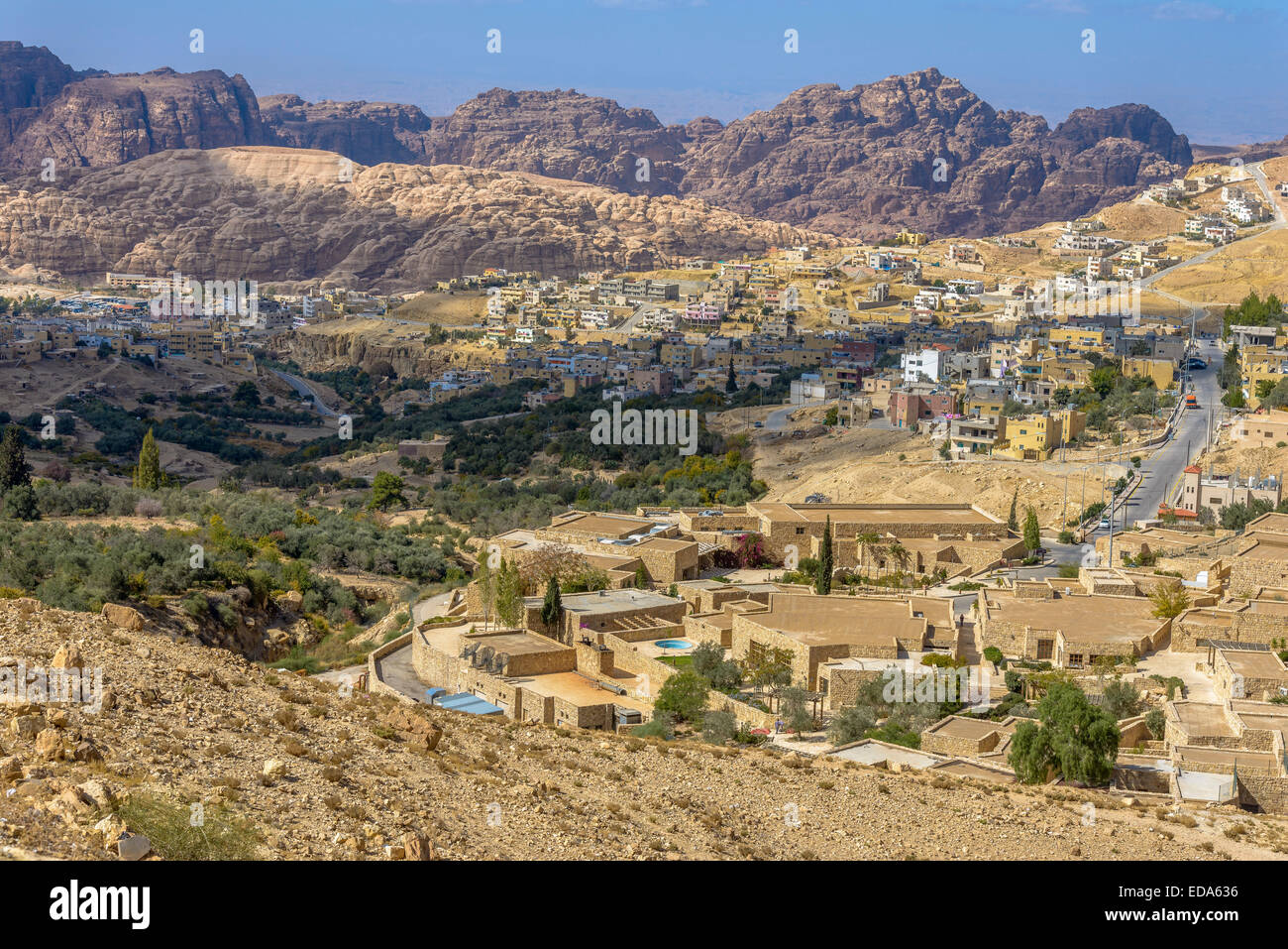 Luftaufnahme des Dorfes Petra in Jordanien. Stockfoto