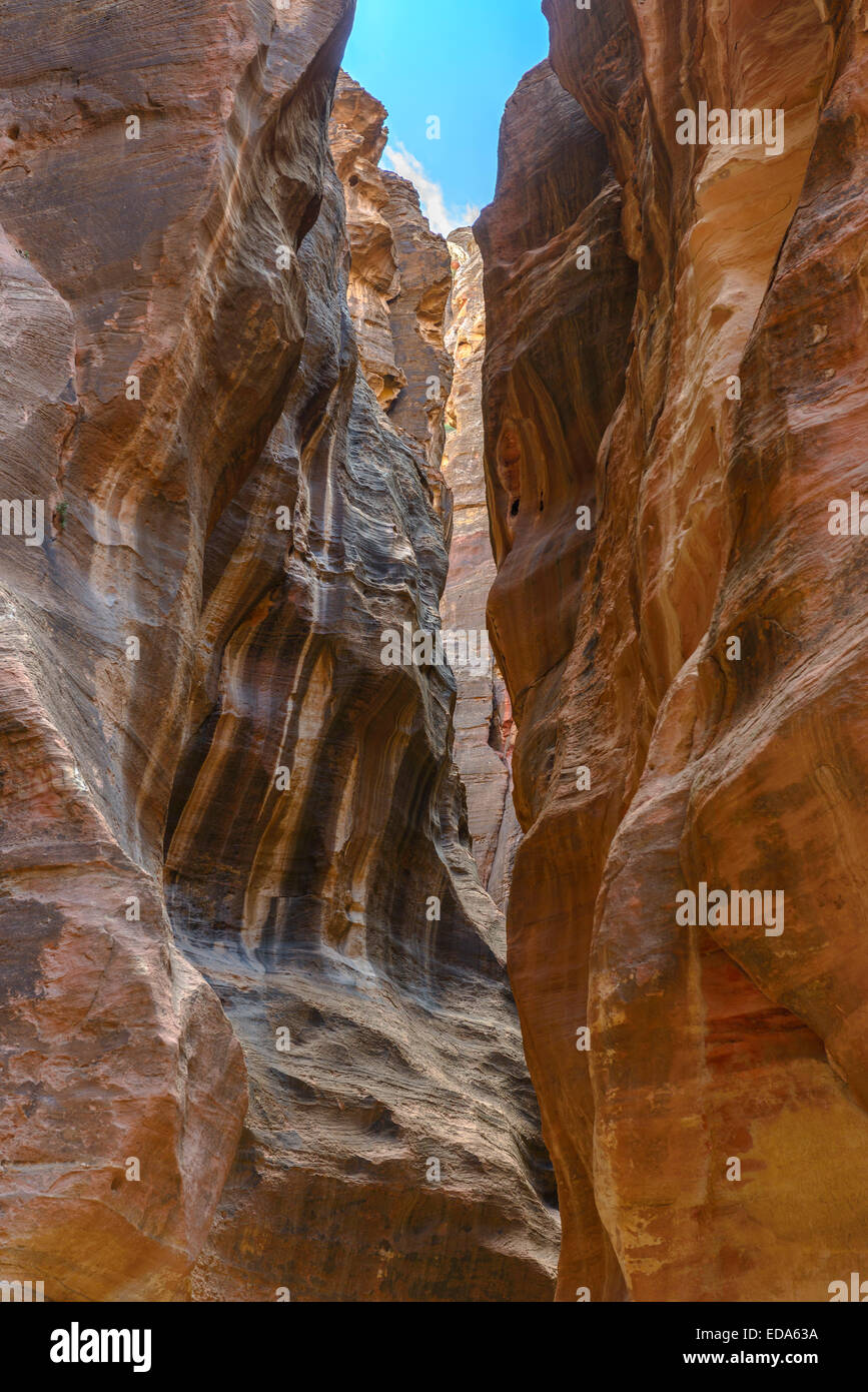 Der Siq, die schmale Schlucht, die als Eingang Passage, die verborgene Stadt von Petra, Jordanien dient. Stockfoto