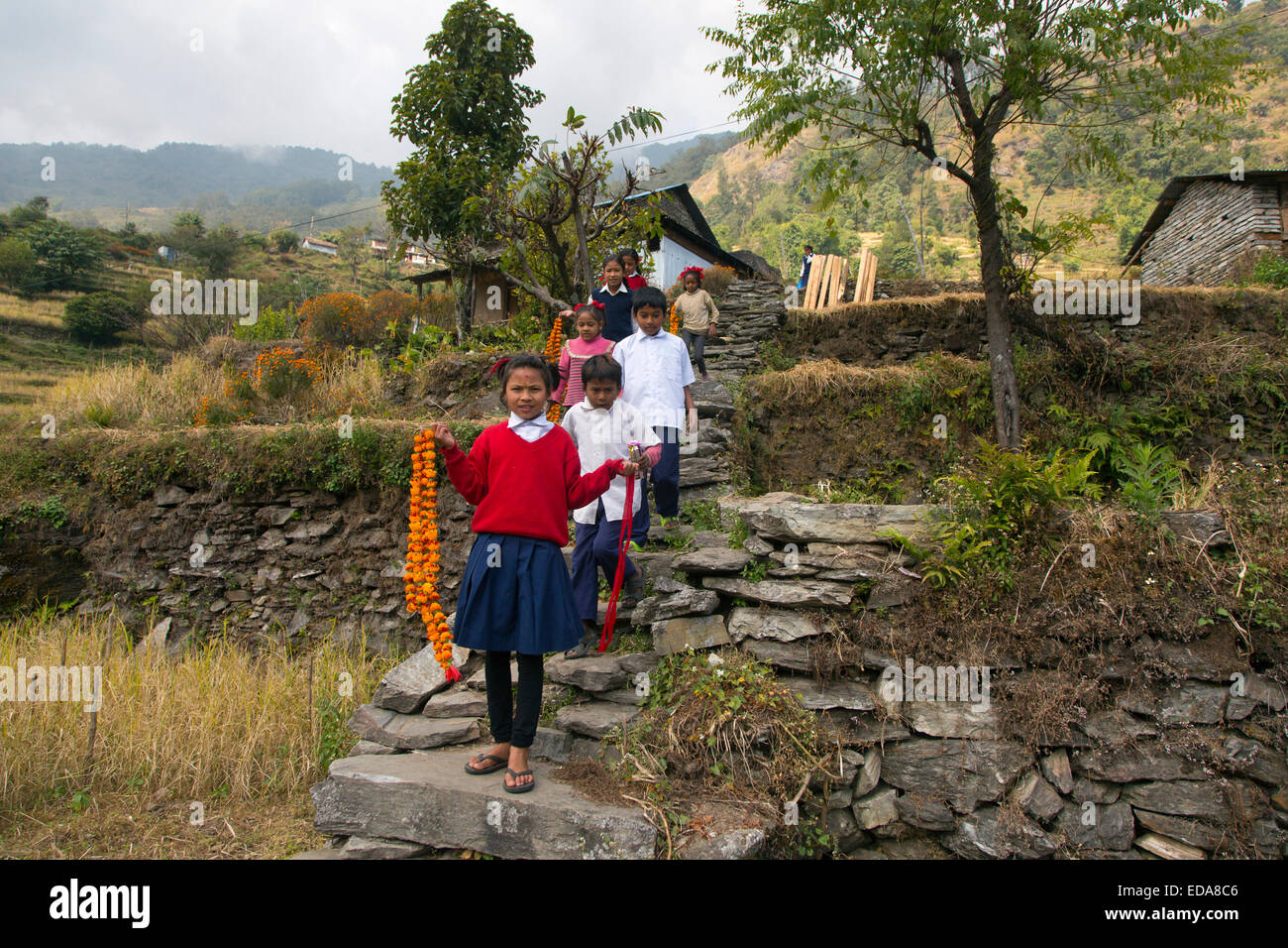 Schülerinnen und Schüler am Birethanti Modi Khola Tal Nepal Stockfoto