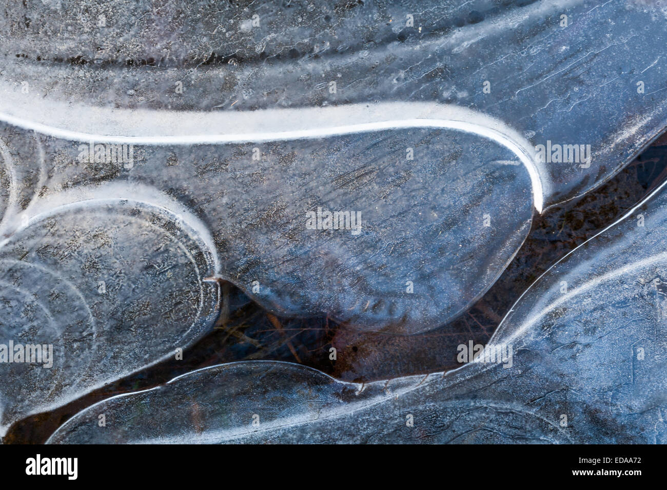 Abstraktes Bild von gekrümmten Bruchlinien auf der Oberfläche einer gefrorenen Pfütze Stockfoto