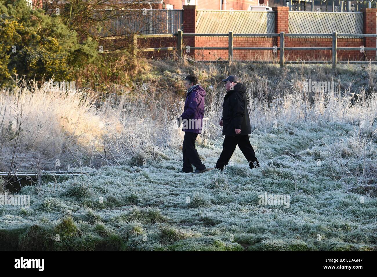 Aberystwyth Wales UK Sonntag, 4. Januar 2015.     UK-Wetter: am frühen Morgen Frost den Boden auf der Uferpromenade entlang dem Fluß Rheidol am Stadtrand von Aberystwyth deckt früh am Sonntag Morgen über Nacht die Temperatur im mittleren Wales sank auf minus 2 Grad Celsius unter einem klaren wolkenlosen Himmel Foto Keith Morris / Alamy live News Stockfoto
