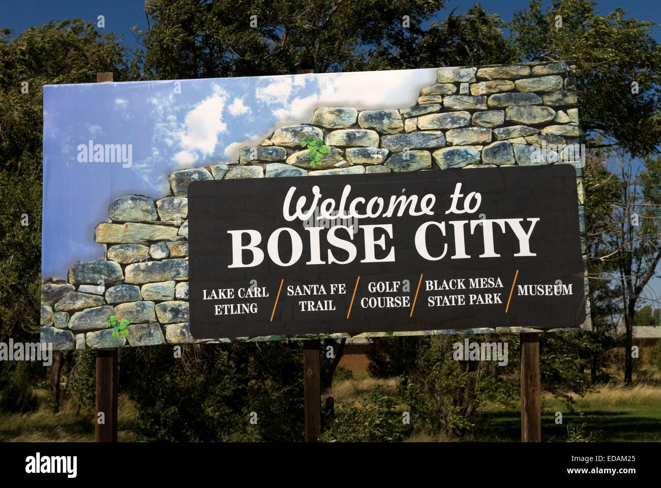 Herzlich Willkommen Sie in Boise Ortsschild Oklahoma USA Stockfoto