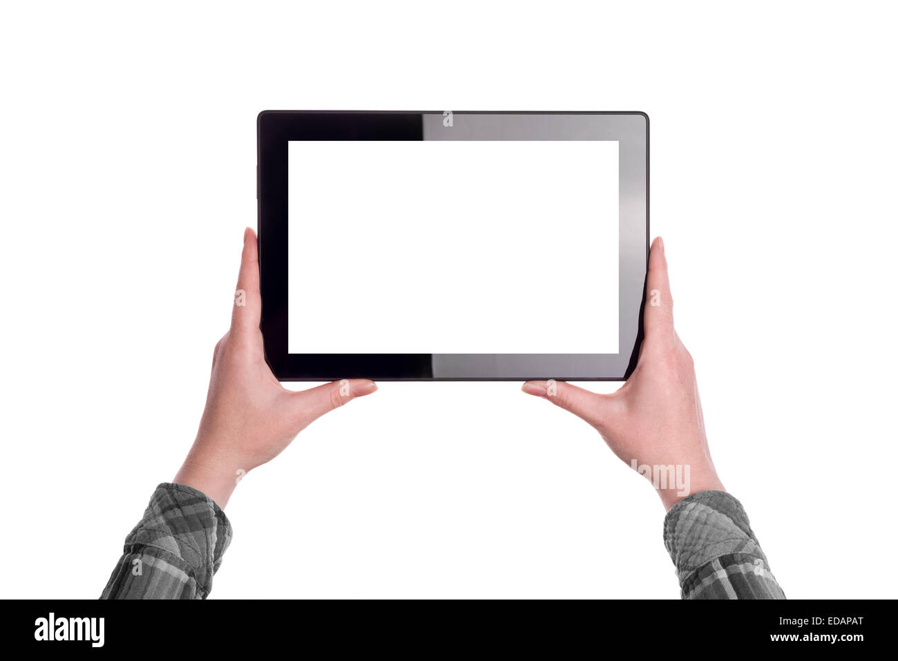 Hände halten digitale Tablet-Computer in horizontale Position mit leeren weißen Bildschirm als textfreiraum isoliert auf weißem Hintergrund Stockfoto