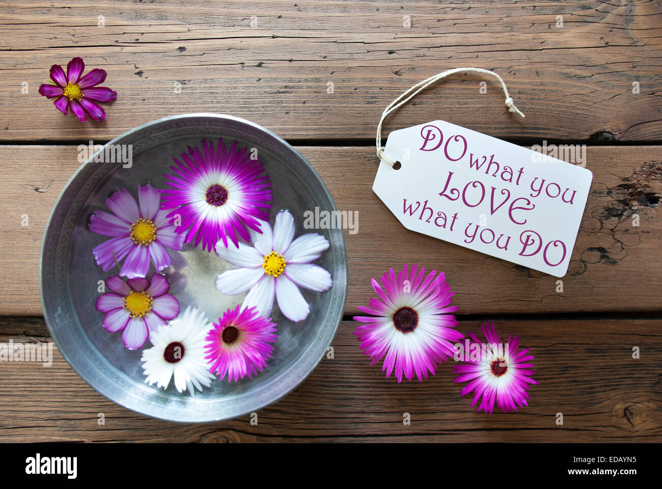 Silberschale mit Etikett mit Leben-Zitat zu tun, was Sie lieben, was Sie tun mit einer lila und weißen Blüten auf hölzernen Hintergrund V Stockfoto
