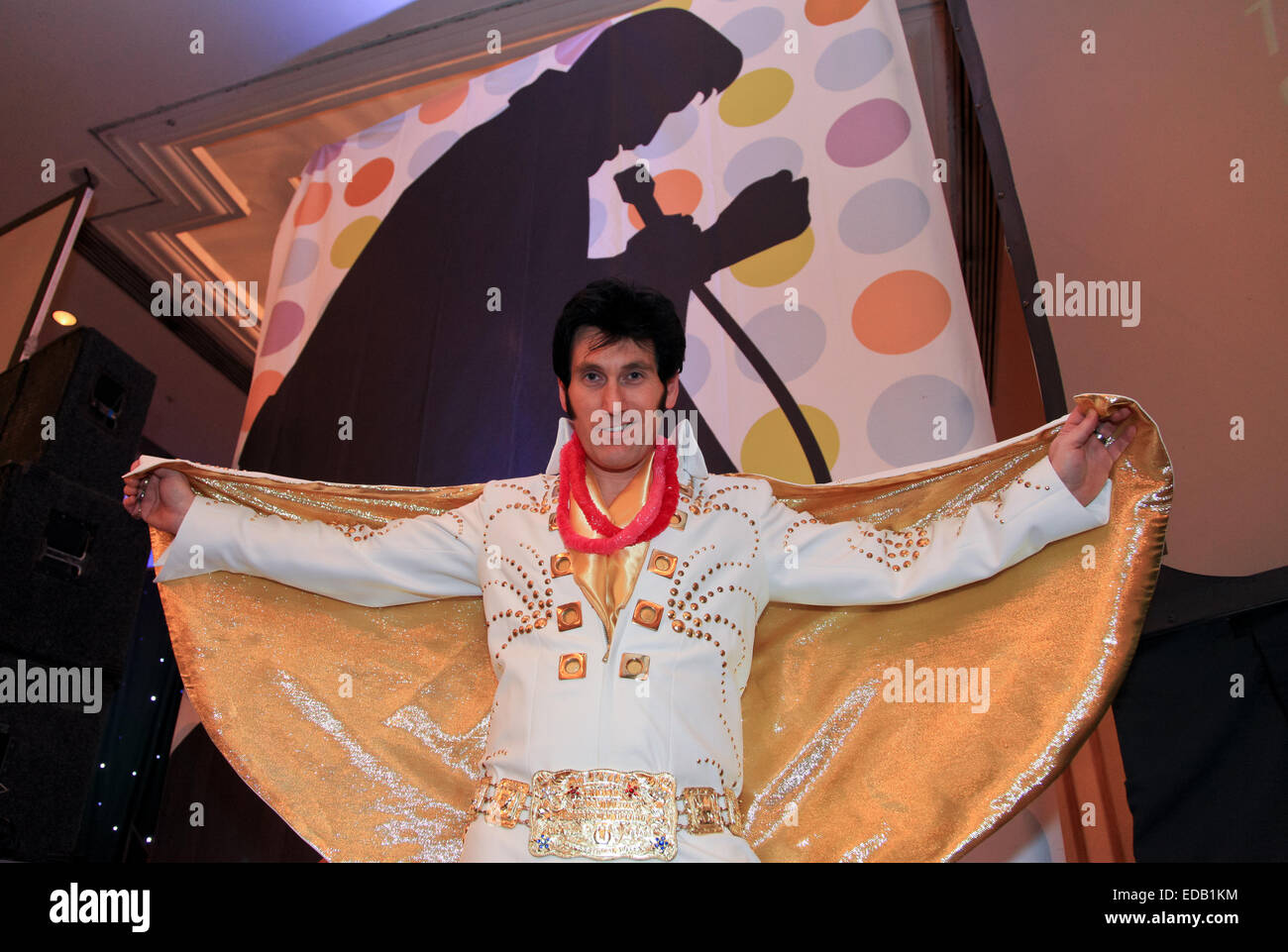Elvis-Tribut-Sänger-Musiker posiert für ein Foto auf der Birmingham NEC Elvis Tribute Contest 2015 Stockfoto