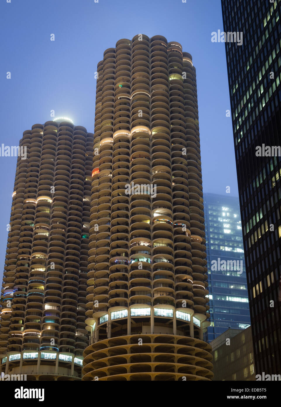 Nachtansicht der Maiskolben-förmigen, Marina City Twin Towers und das IBM-Gebäude [AMA Plaza] (ganz rechts) in Chicago, Illinois. Stockfoto