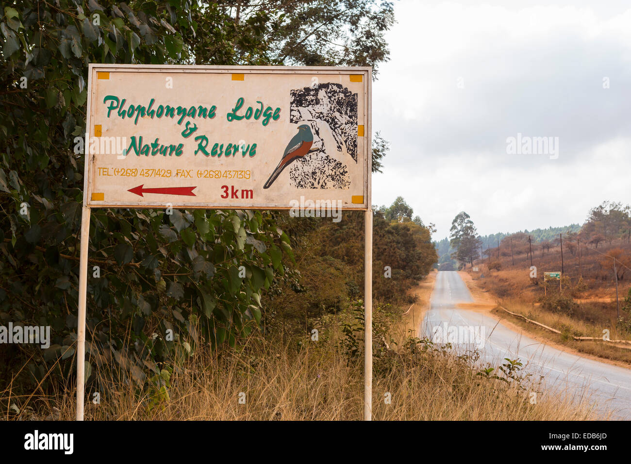 Swasiland, Afrika - Schilder für Phophonyane Nature Reserve. Stockfoto