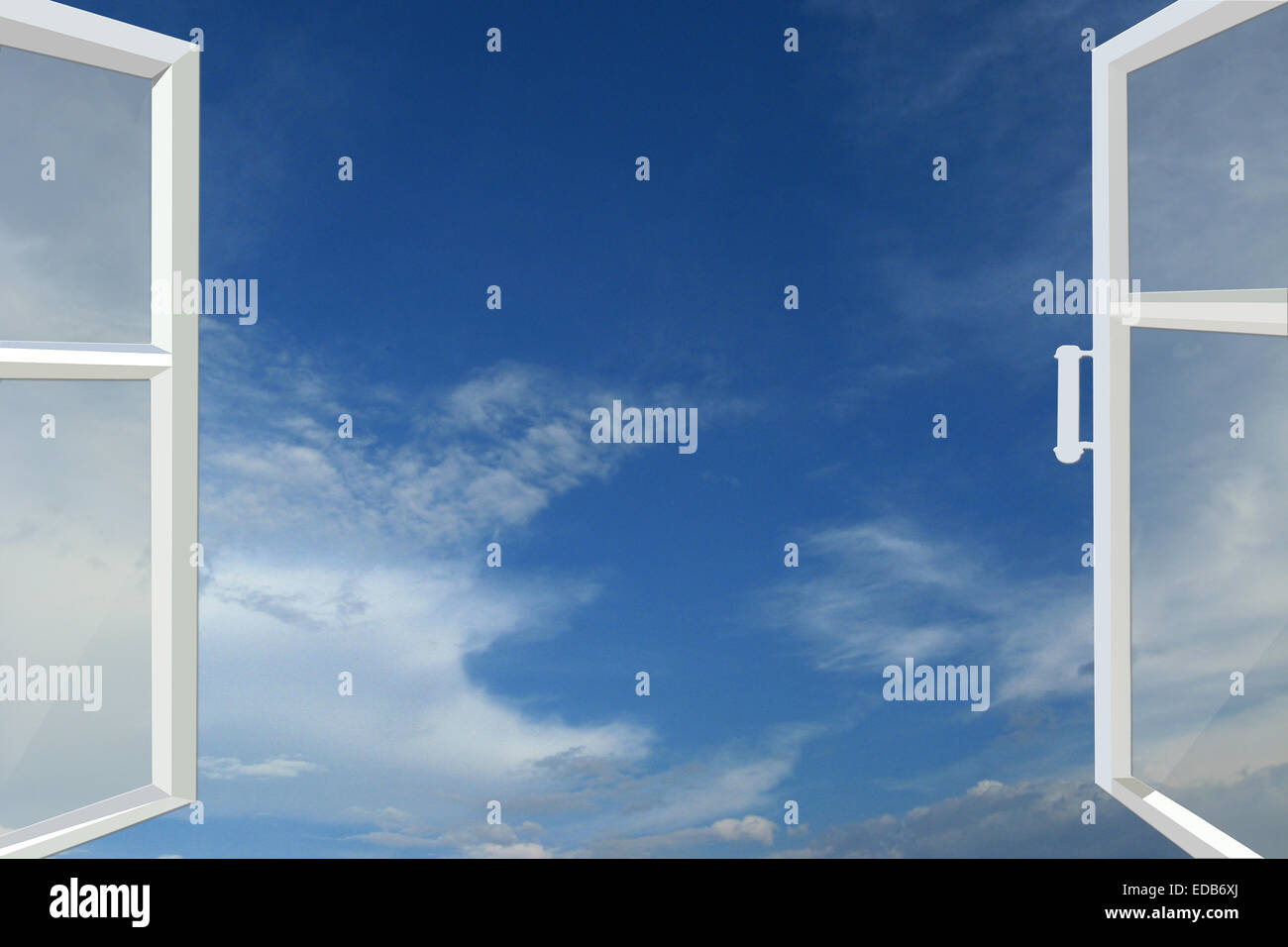 geöffneten Fensters zu den blauen Himmel mit weißen Wolken Stockfoto