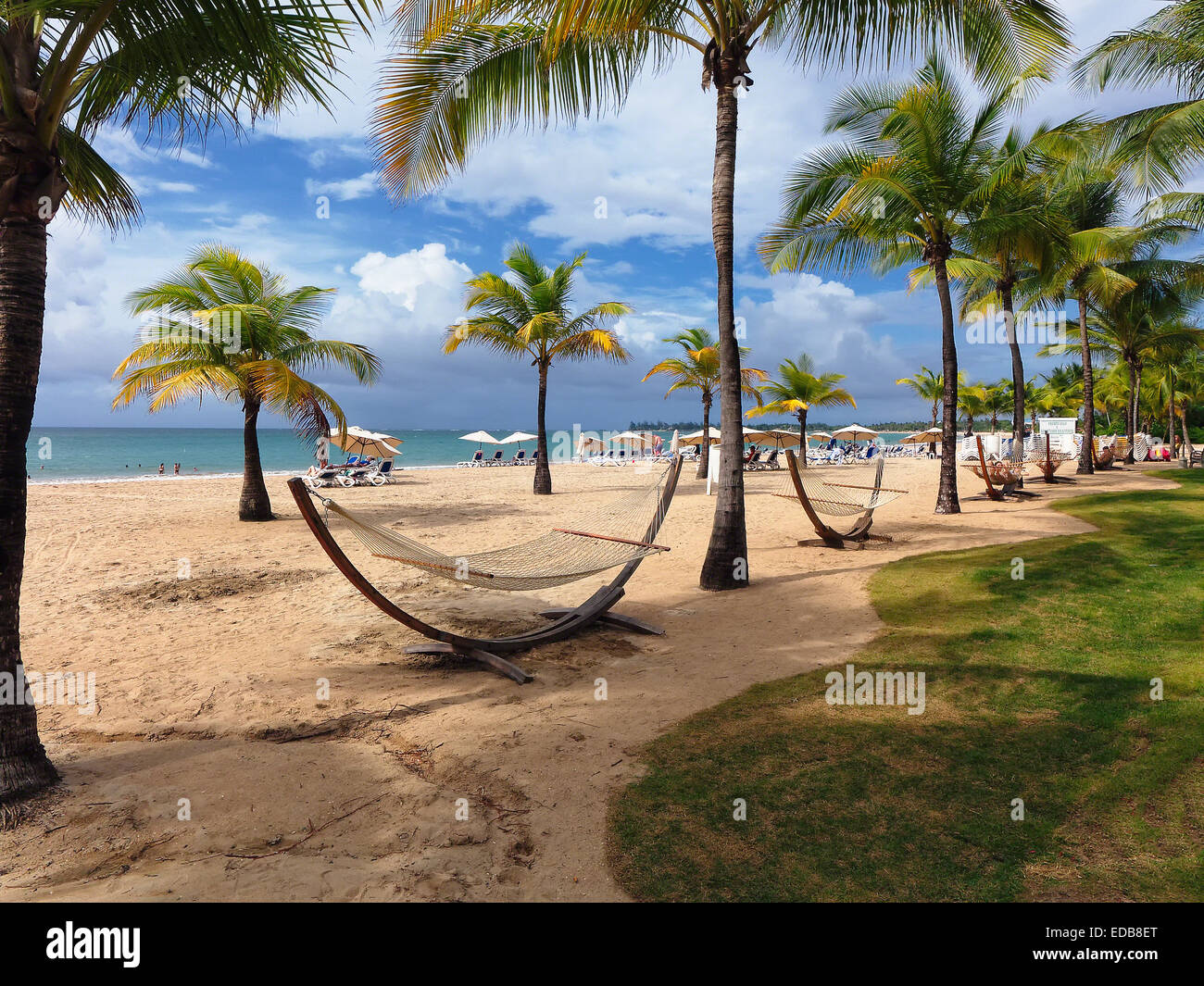 Palmen Sie und Hängematten, Carolina Beach, Isla Verde, Puerto Rico Stockfoto