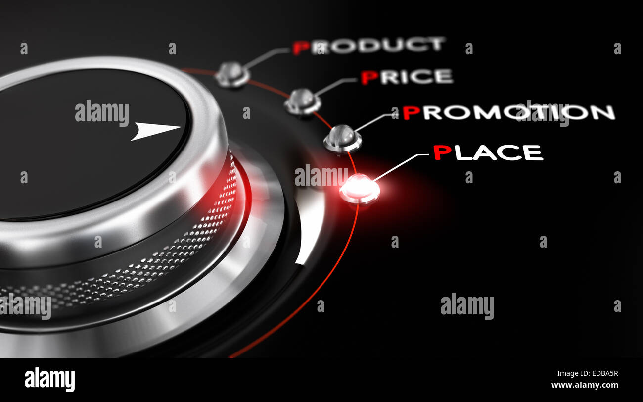Einschaltknopf auf schwarzem Hintergrund, Rotlicht und Wort Ort positioniert. Konzeptbild zur Veranschaulichung des Marketing-MIX, Stockfoto