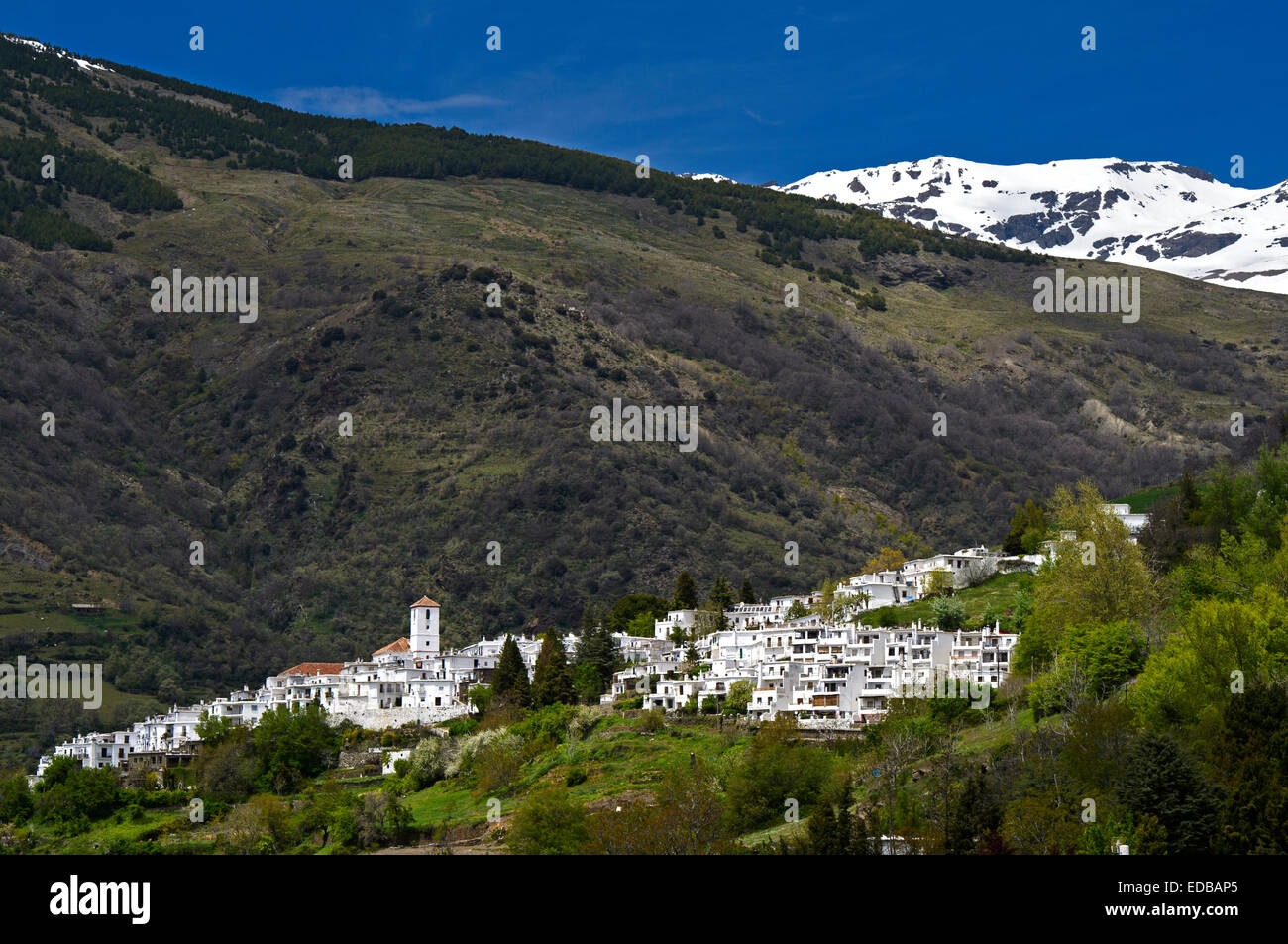 Blick auf das Dorf Capileira, Region Alpujarra, hinter den schneebedeckten Bergen der Sierra Nevada, Andalusien, Spanien Stockfoto