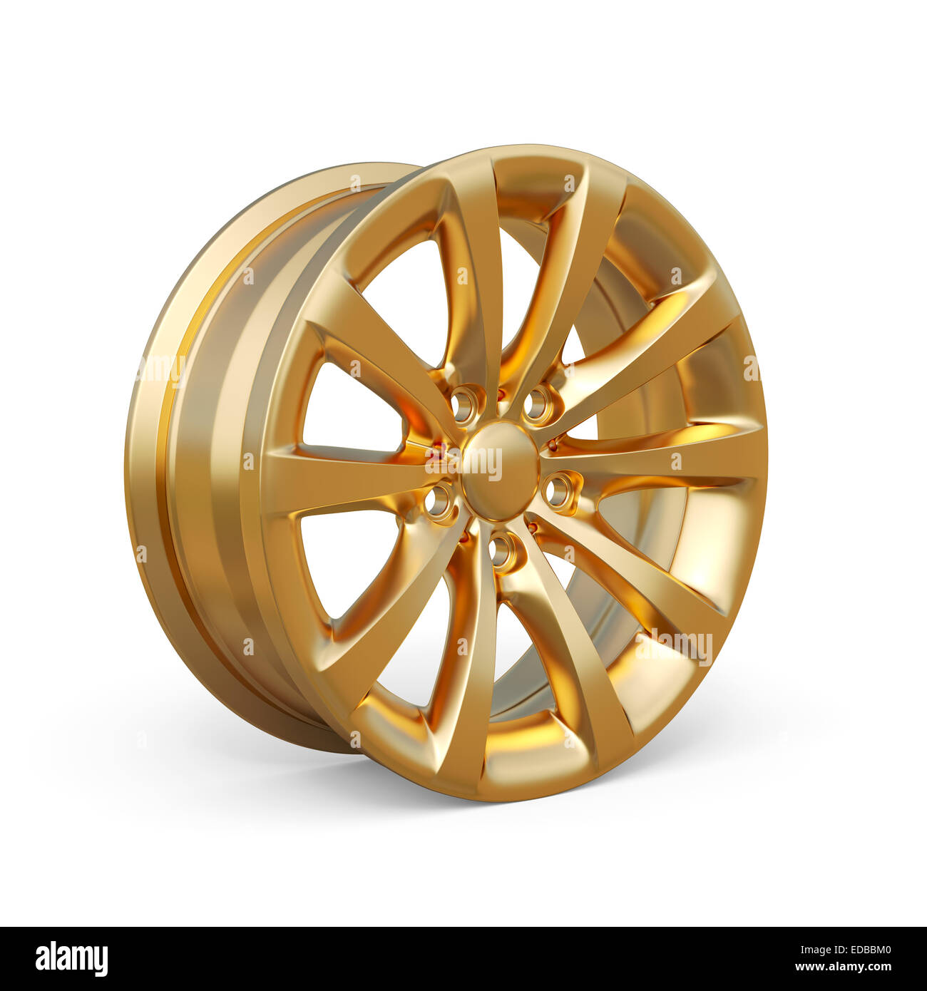 3D-Rendering einer goldenen Legierung Felge isoliert auf weißem Hintergrund Stockfoto