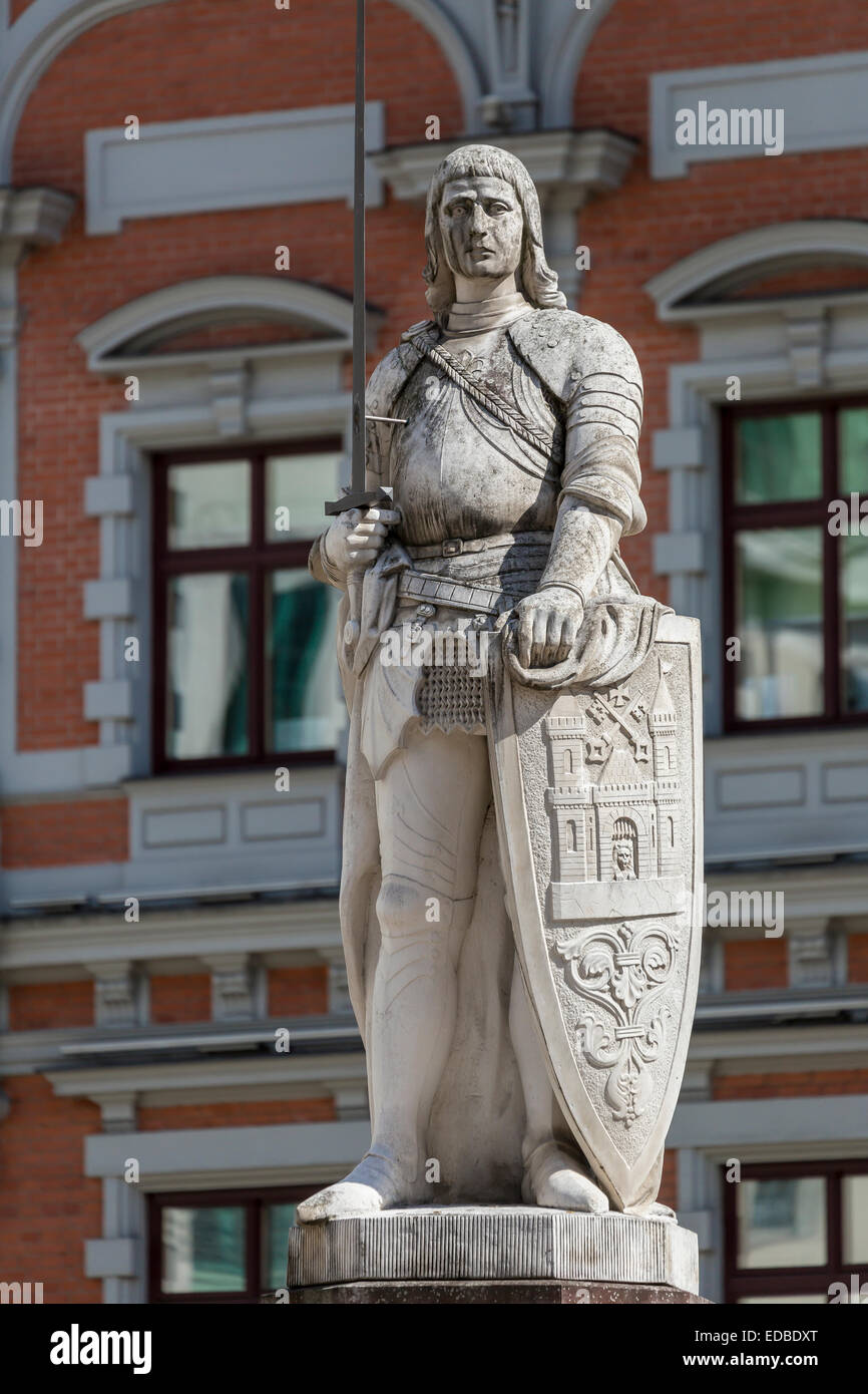 Roland-Statue vor dem Schwarzhäupterhaus im Rathaus Platz, historischen Zentrum, UNESCO-Weltkulturerbe, Riga, Lettland Stockfoto
