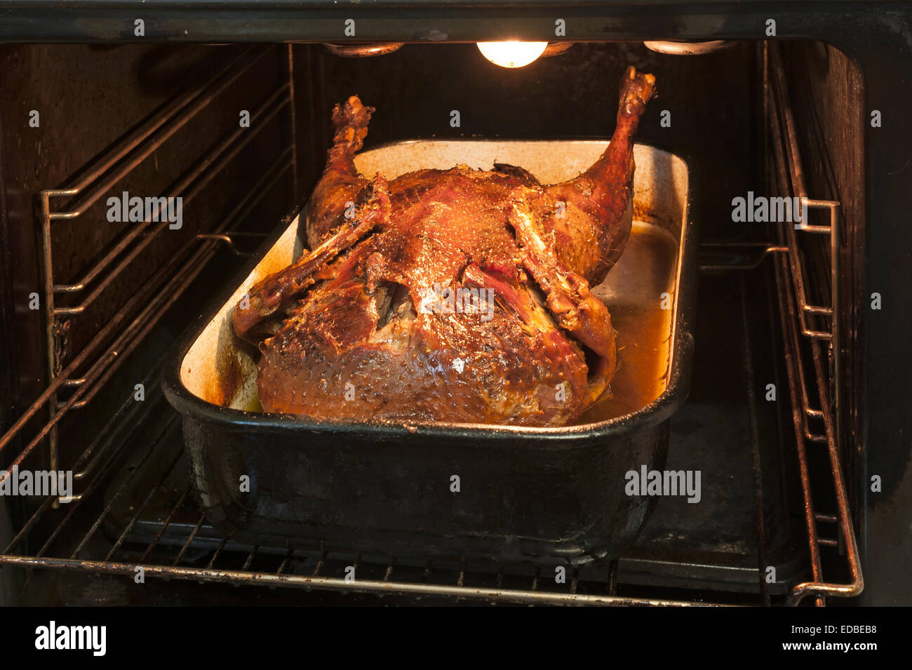 Knusprig gebratene Ente in einen Bräter im Ofen Stockfoto