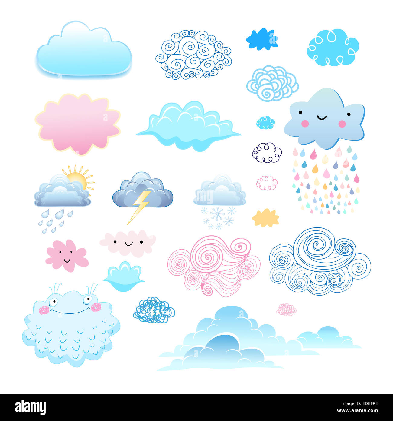 Graphische Sammlung der verschiedenen Wolken auf weißem Hintergrund Stockfoto